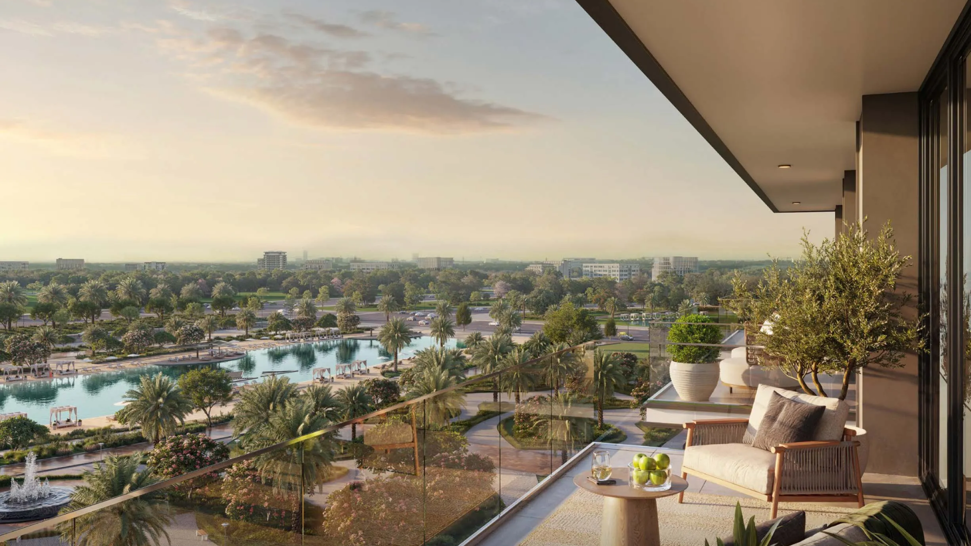 An artistic view of the premium lifestyle amenities at Riverton House, including the pool deck and manicured gardens.