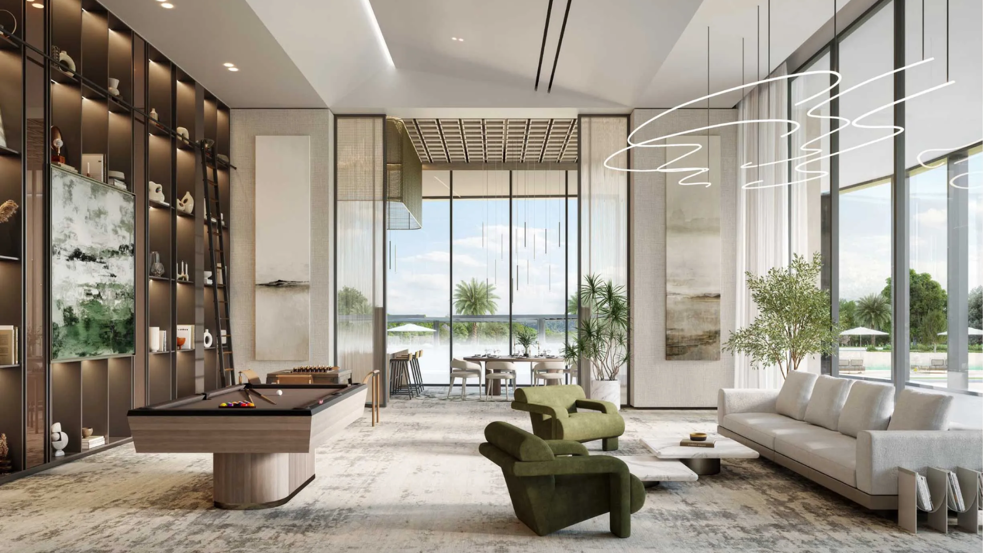 Modern lounge with pool table, stylish seating, and large windows overlooking greenery .