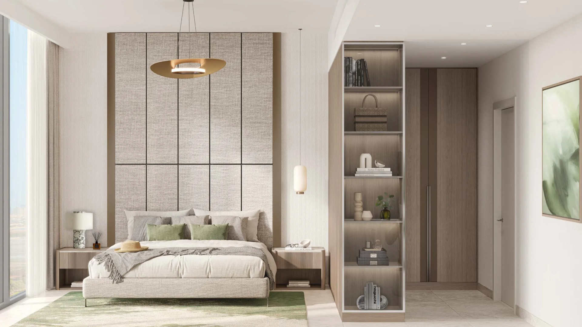 Spacious bedroom with large windows and soft lighting.