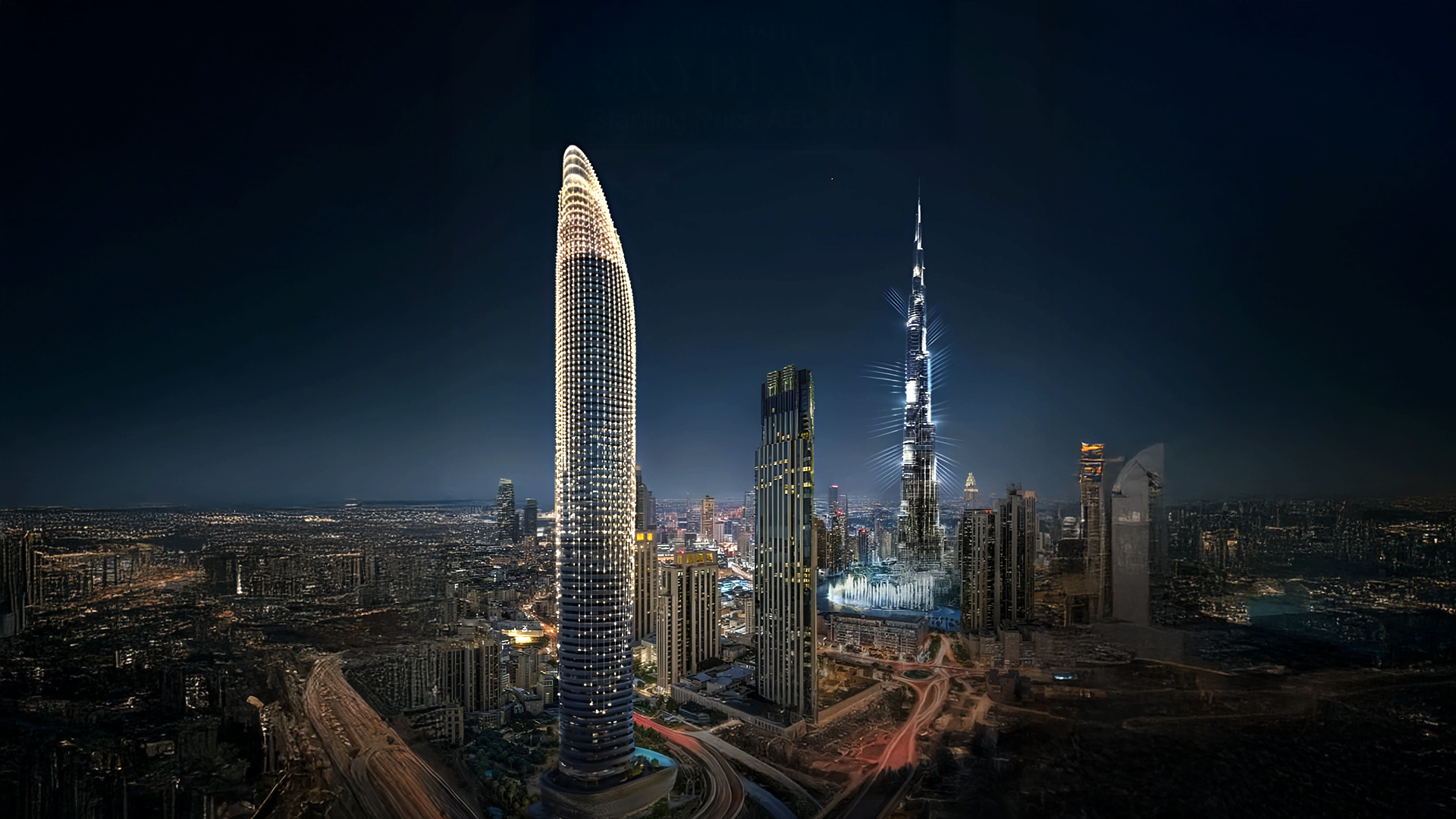 SKYBLADE by Binghatti – night render showcasing the tower’s iconic blade-shaped design and illuminated façade against the Dubai skyline.