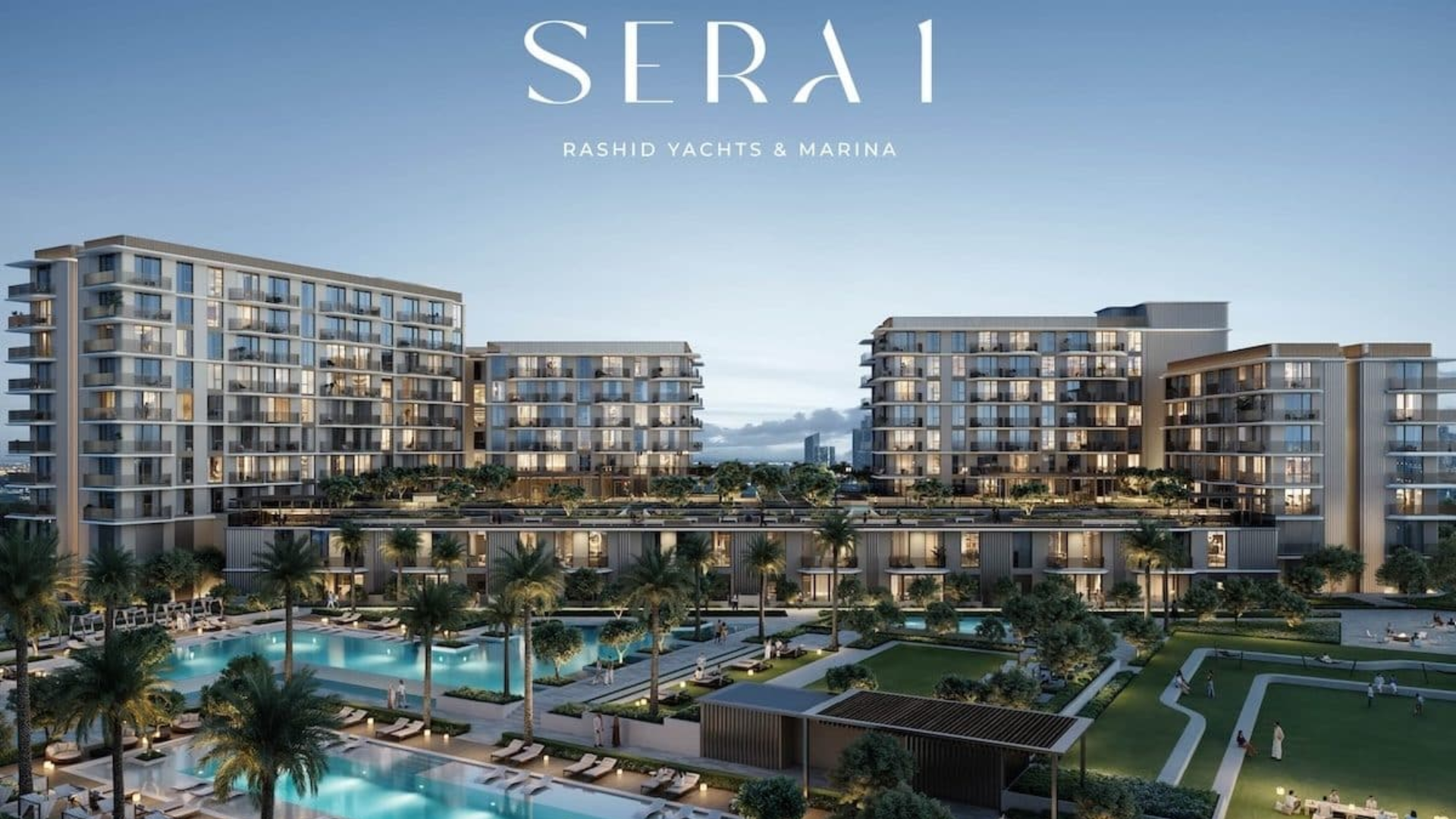 A modern residential building with a nautical-inspired design, situated directly on the waterfront at Rashid Yachts & Marina.