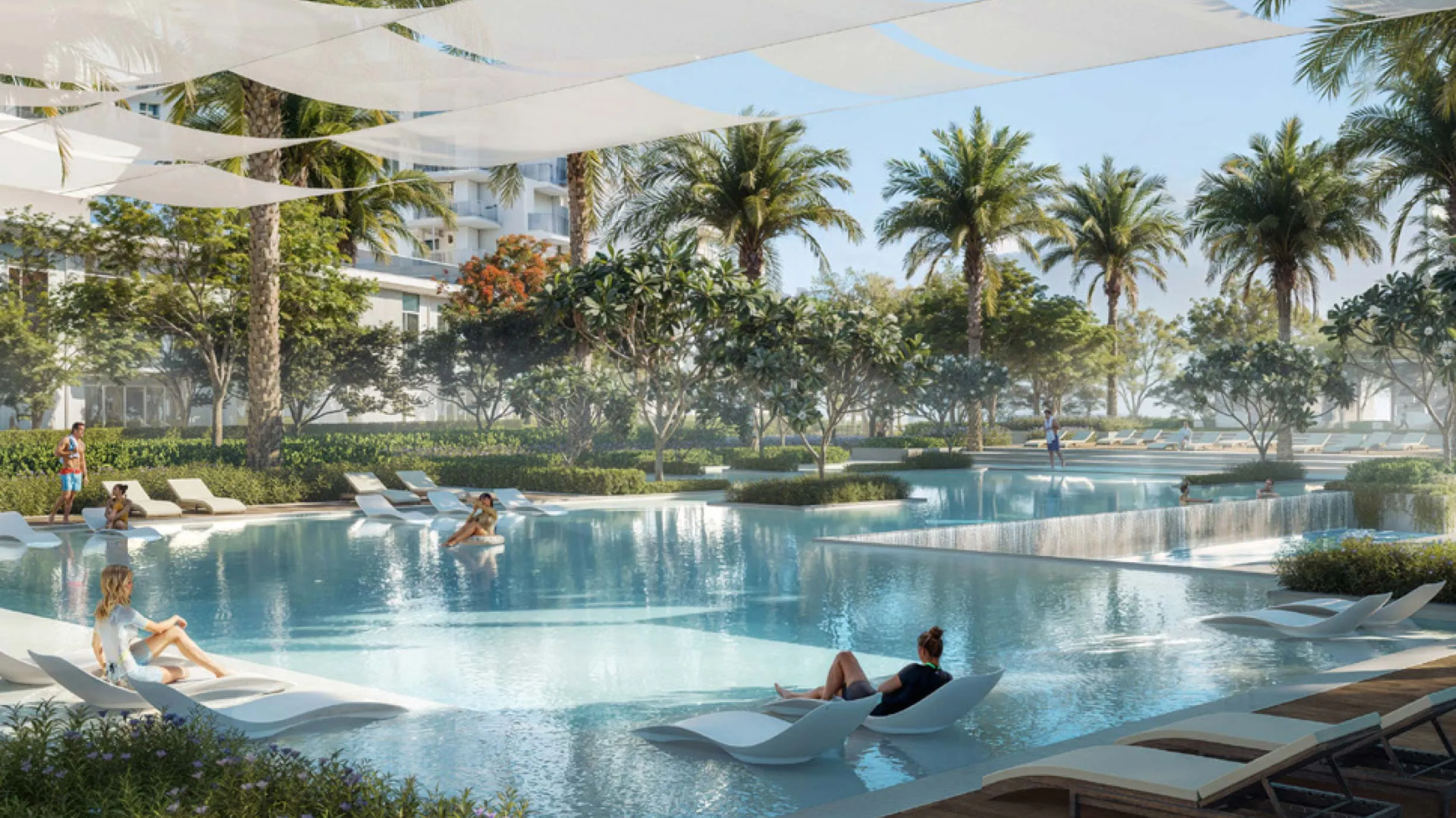 A resort-style infinity pool offering residents a serene space to relax with direct views of the surrounding water.