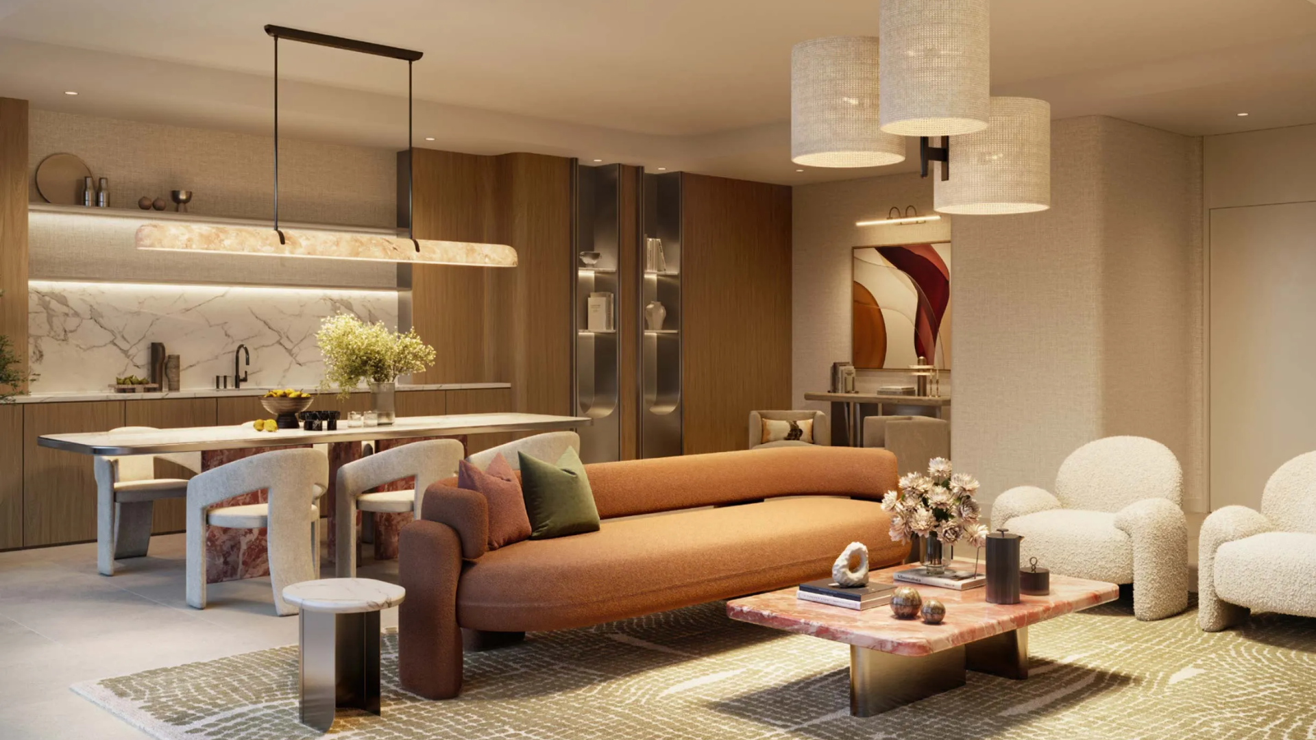 Modern open-plan living room with a brown sofa, marble coffee table, cozy armchairs, and dining area with contemporary lighting.