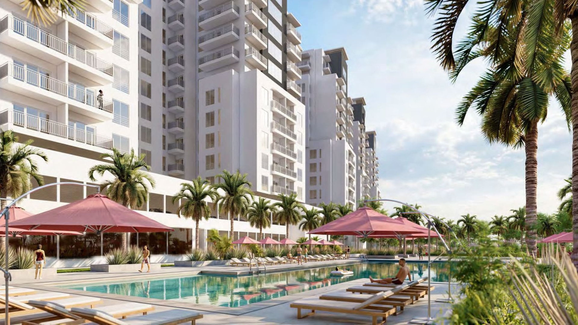 Resort-style swimming pool with sun loungers and palm trees at South Garden Tower 3 by WASL, offering modern residential living in Dubai