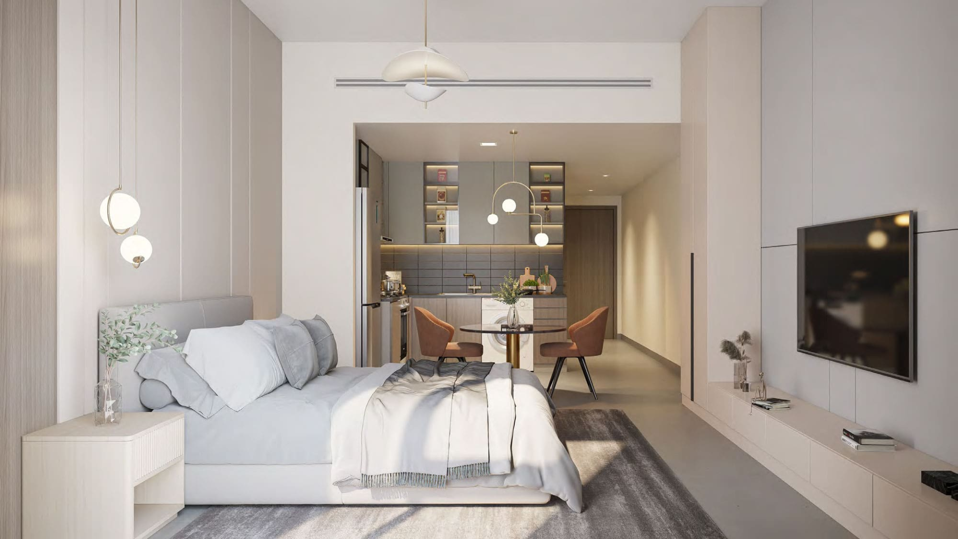 Modern bedroom with large windows, neutral tones, and contemporary furnishings.