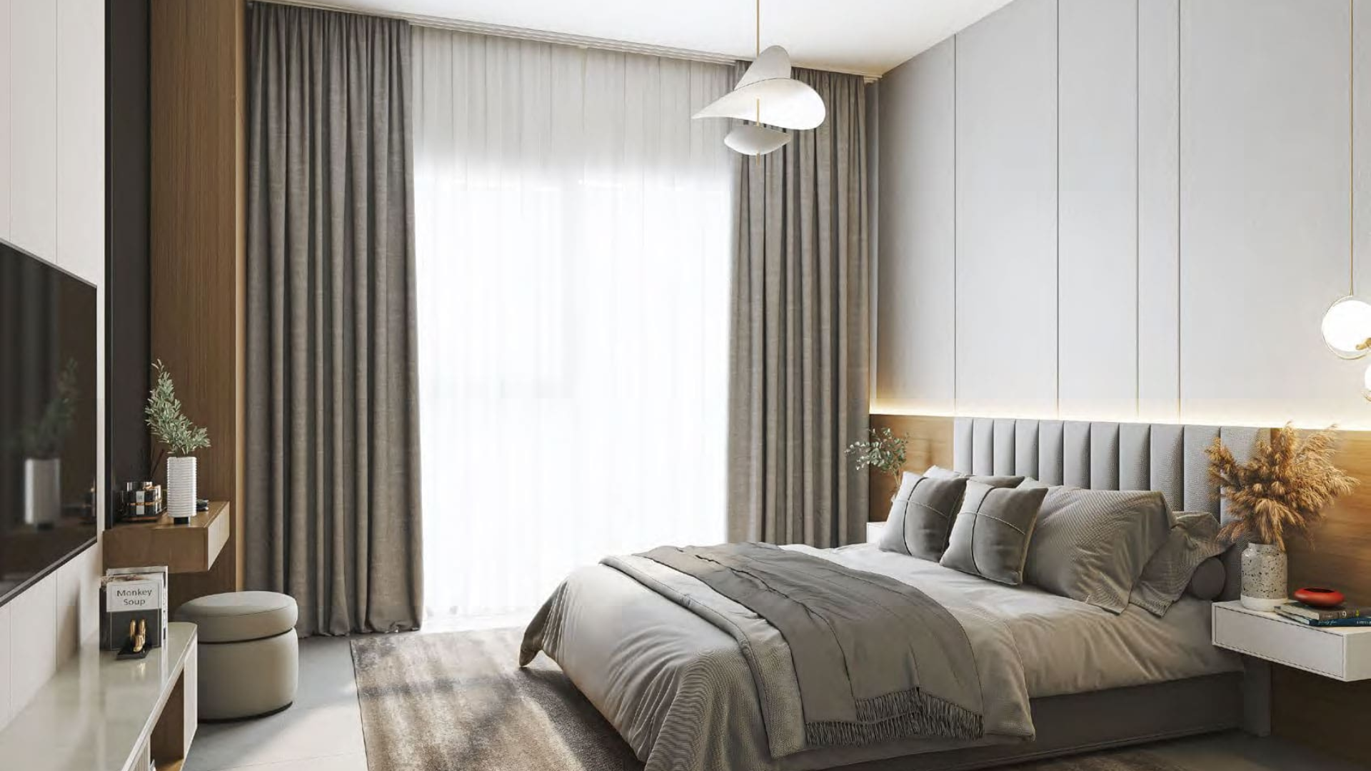 Stylish bedroom design featuring minimalist furniture, wall art, and floor-to-ceiling curtains.