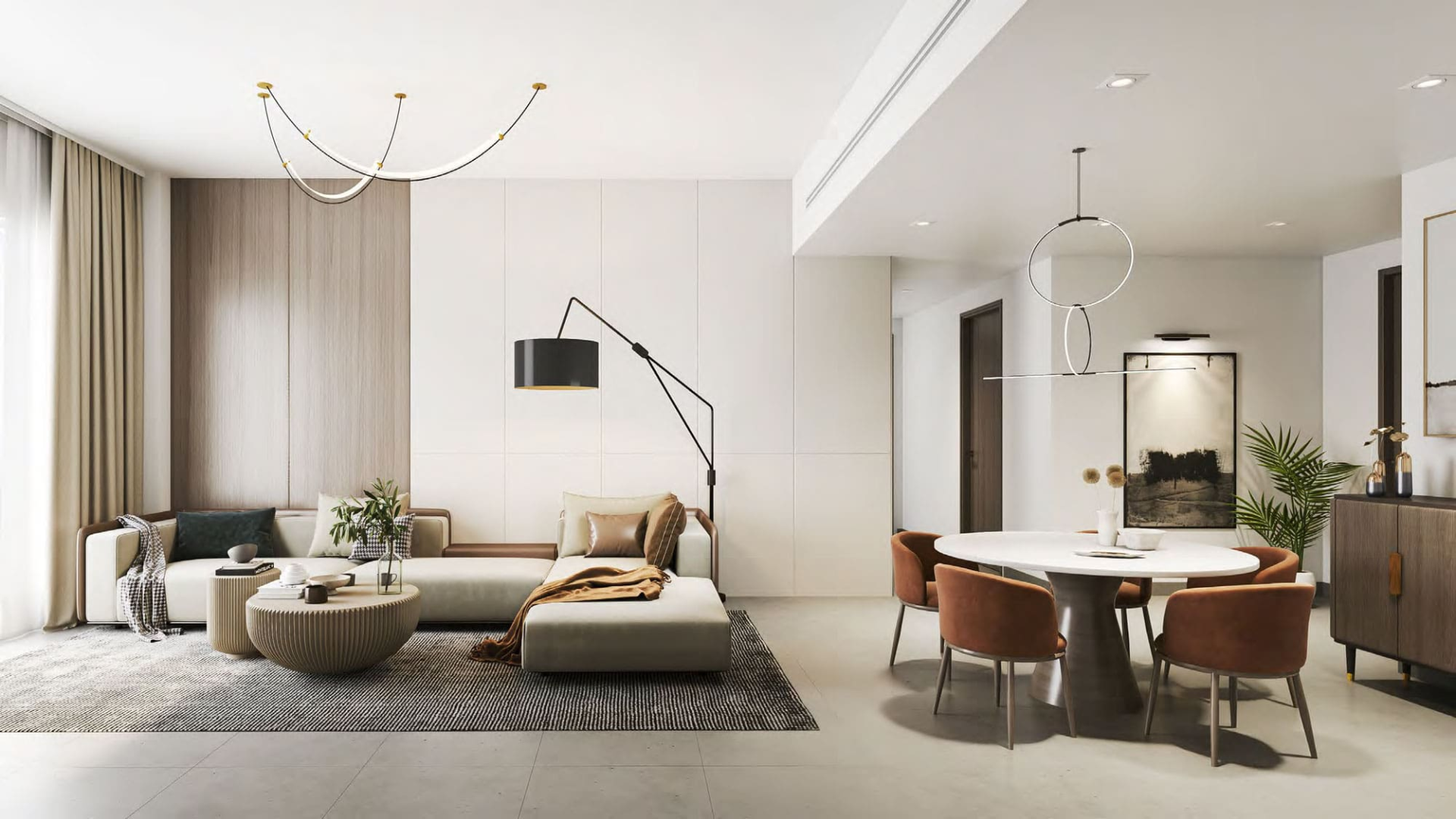 Elegant living and dining area with modern furniture, neutral tones, and stylish lighting fixtures.