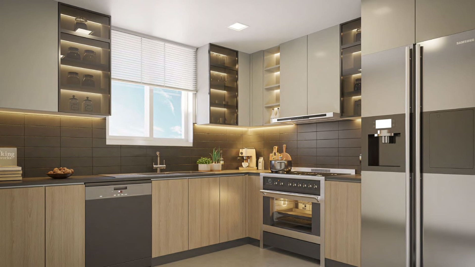 Modern kitchen with sleek cabinetry, built-in appliances, and minimalist design.