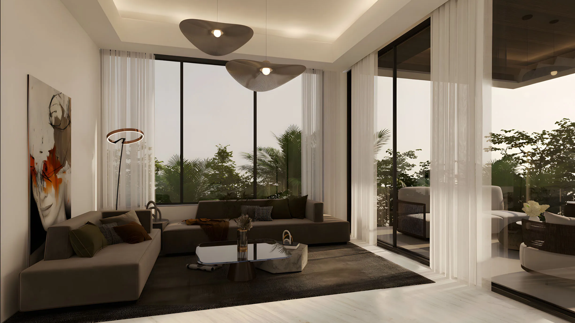 Cozy living room with floor-to-ceiling windows and garden view