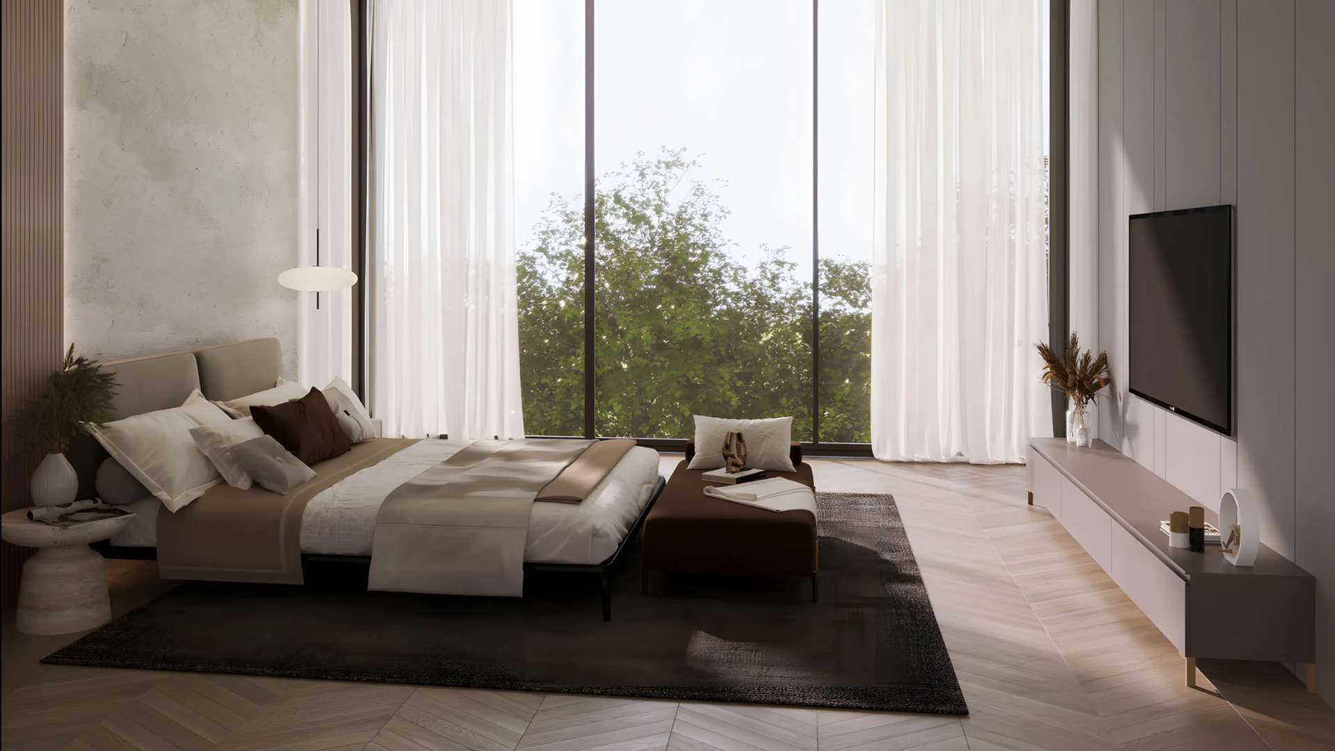 Modern bedroom with large window and greenery view