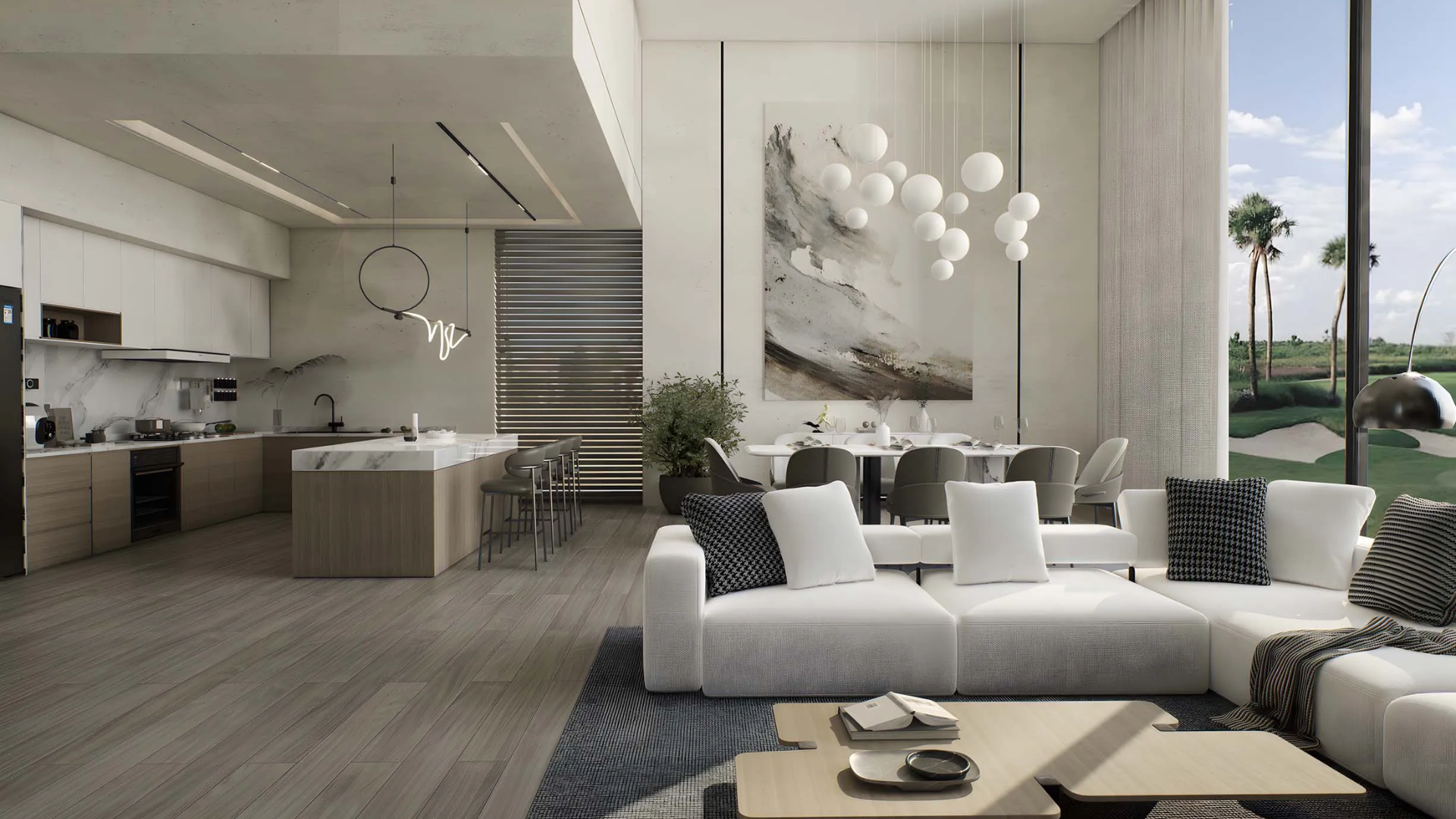 Open-plan kitchen and living area with modern interior design