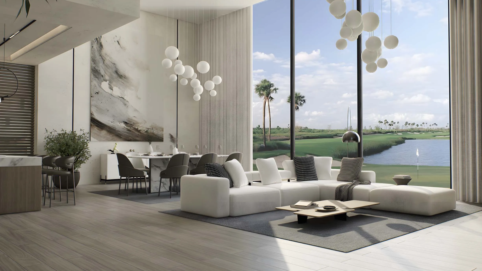 Living and dining area with golf course view through floor-to-ceiling windows