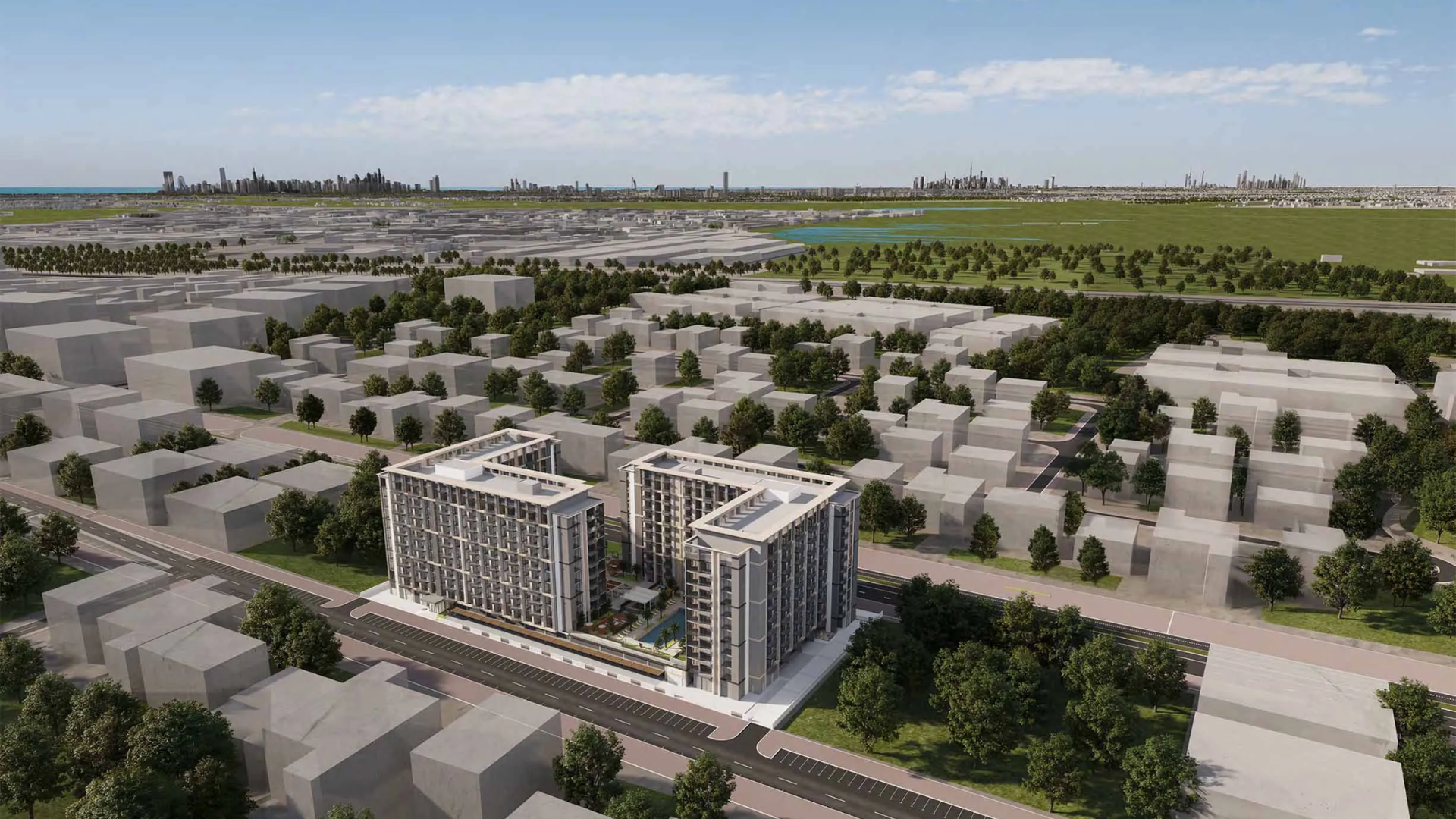 Aerial view of Windsor House buildings with greenery
