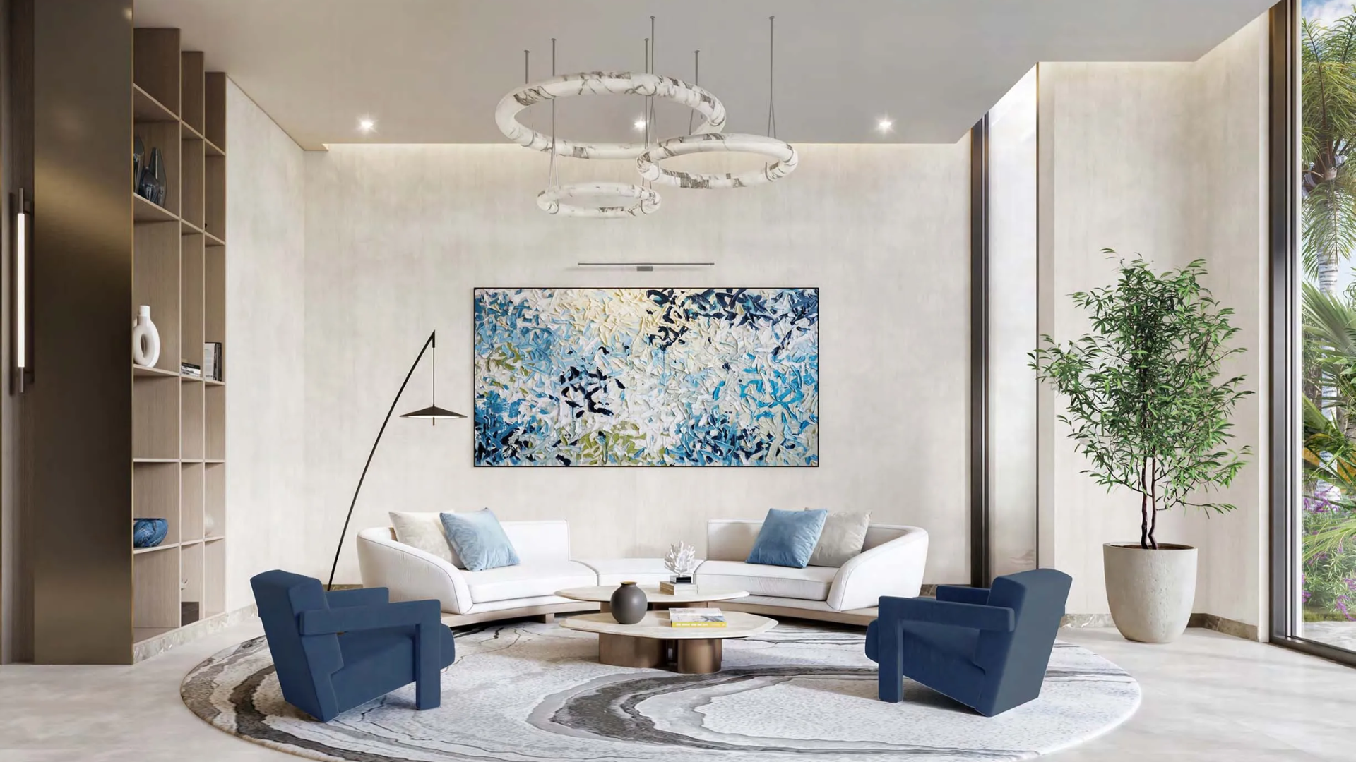 Modern lounge area with sofas, chairs, and abstract wall art