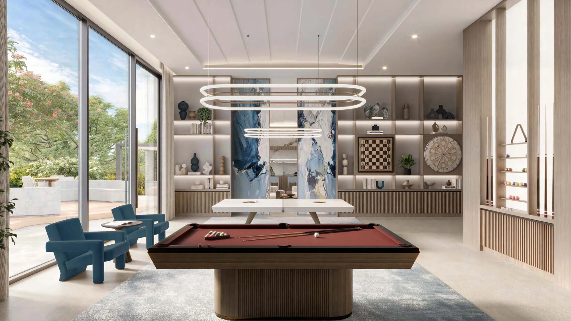 Game room with pool table, seating, and wall-mounted games