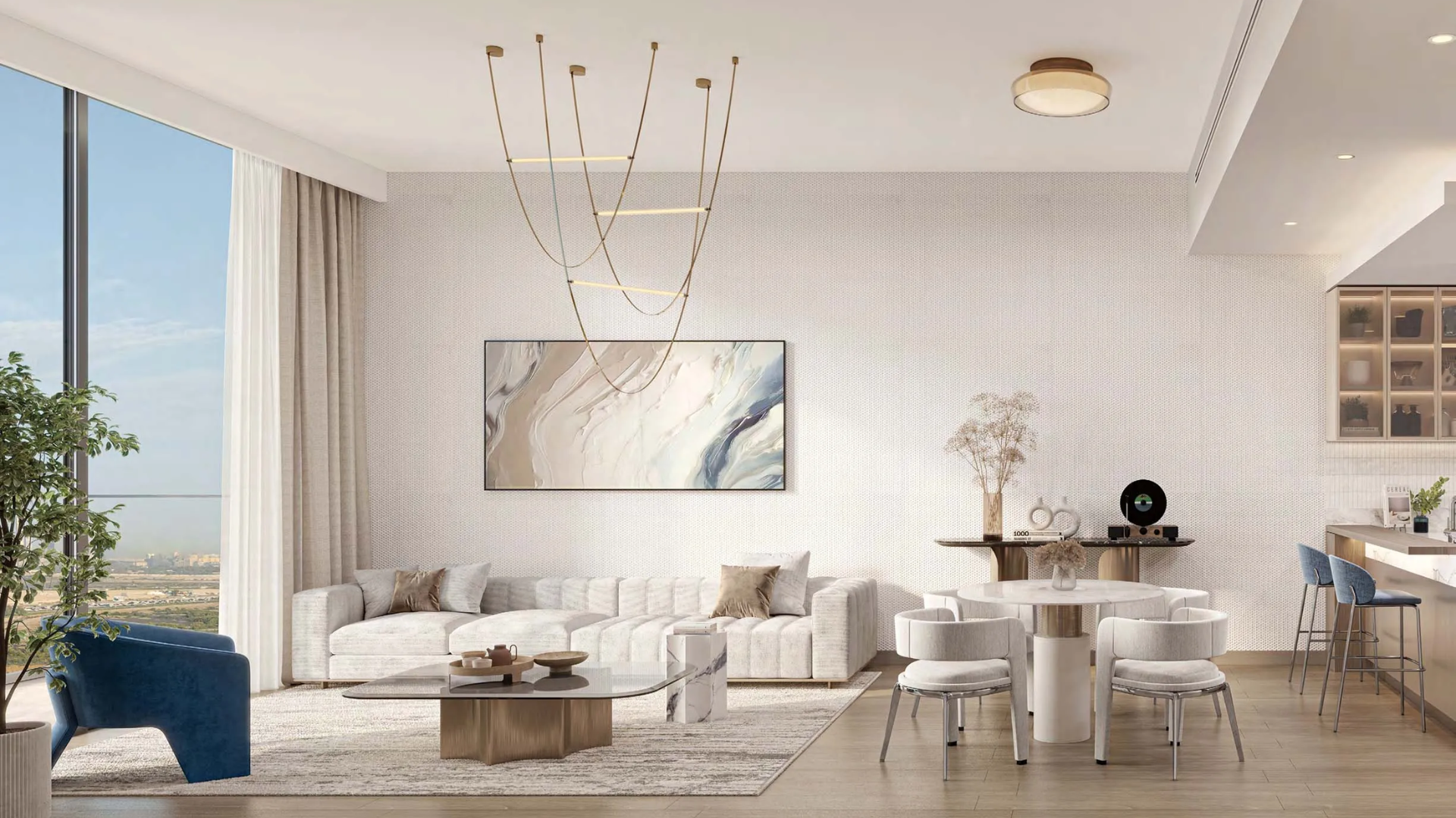 Spacious bedroom with modern furniture and large windows