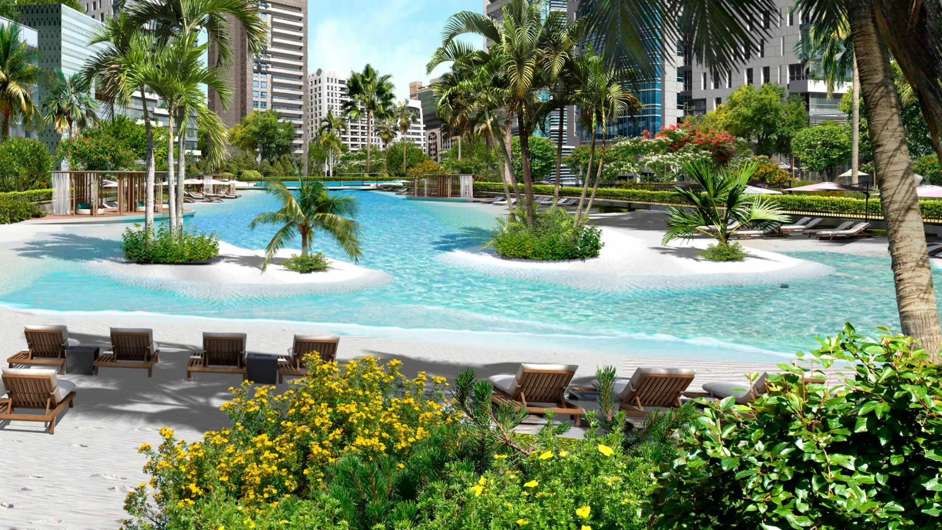 A serene view of the waterfront promenade and pristine lagoons, showcasing the natural beauty of the Meydan Horizon master plan.