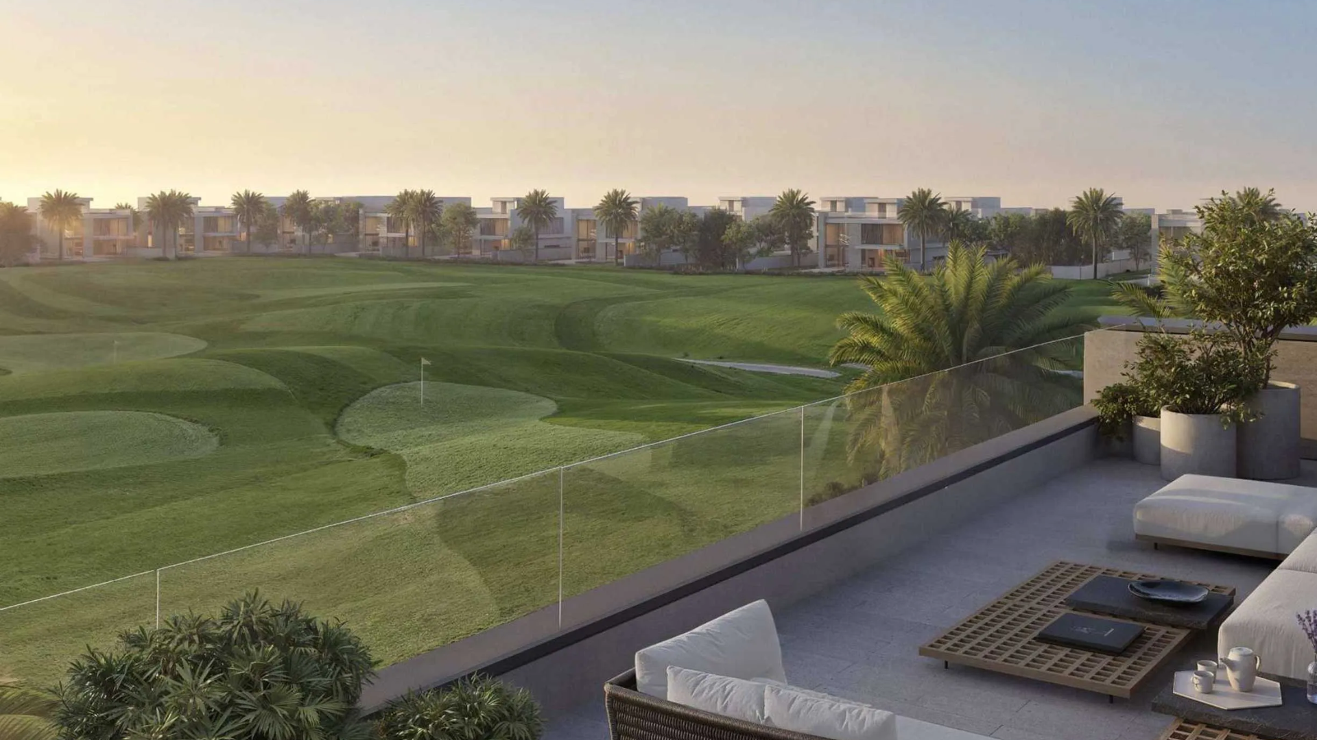 Panoramic view of the championship golf course in Jumeirah Golf Estates surrounded by villas.