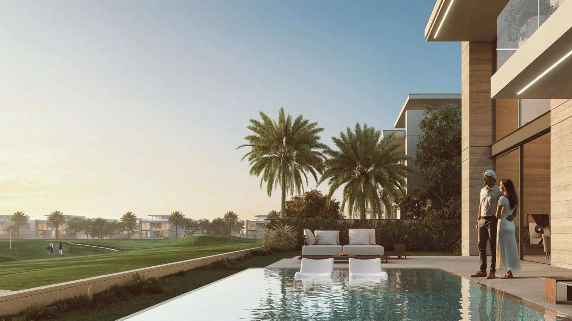 Outdoor lounge area with a swimming pool, palm trees, and a couple standing near the patio.