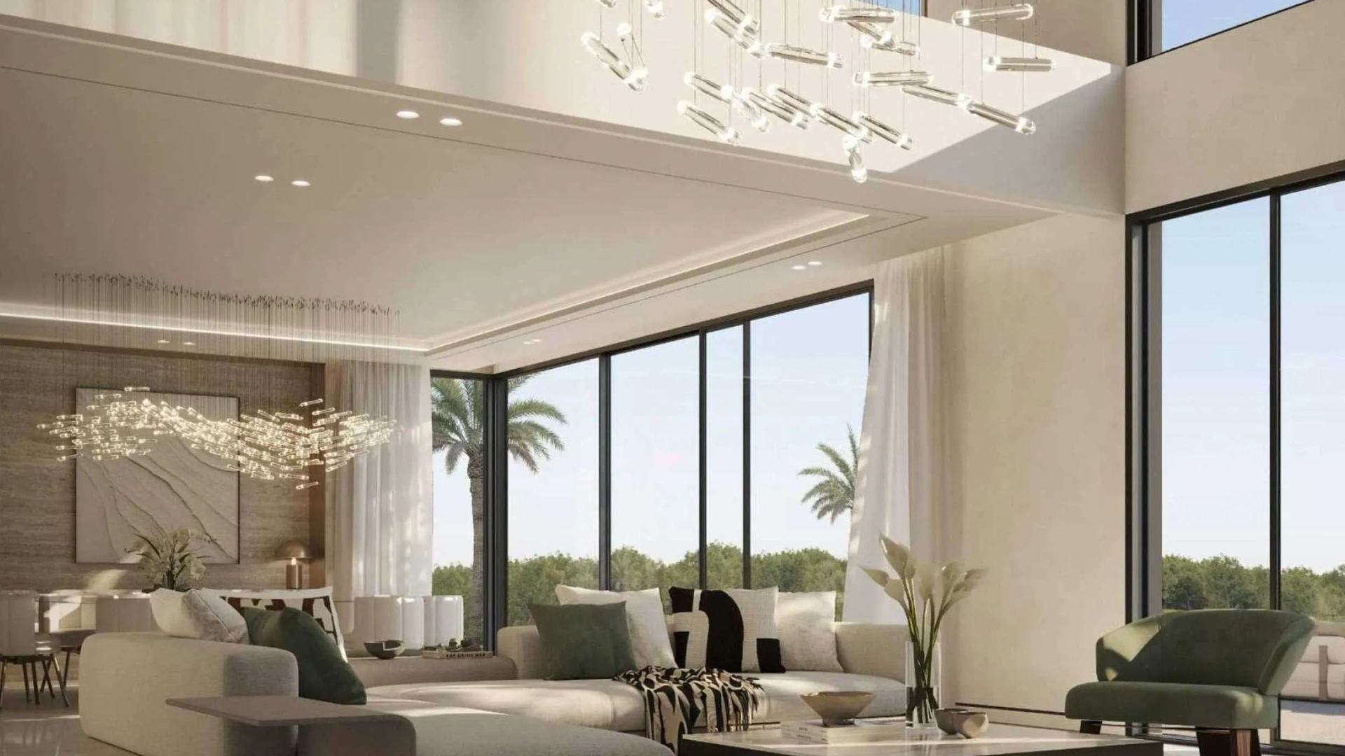 Expansive living room with high ceilings, large windows, modern chandeliers, and elegant seating.