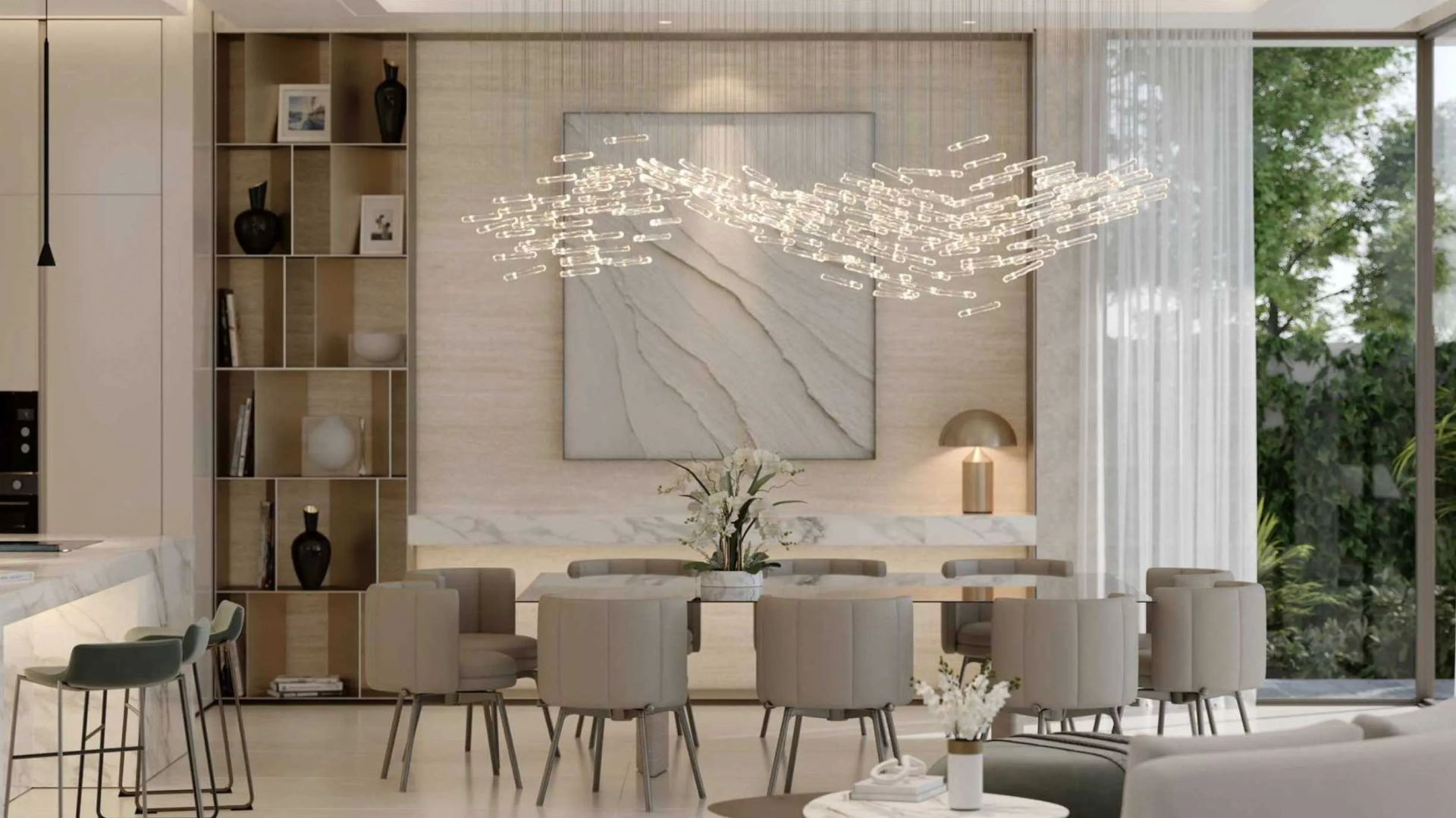 Contemporary open-plan dining area featuring a marble accent wall, built-in shelving, and bar seating.