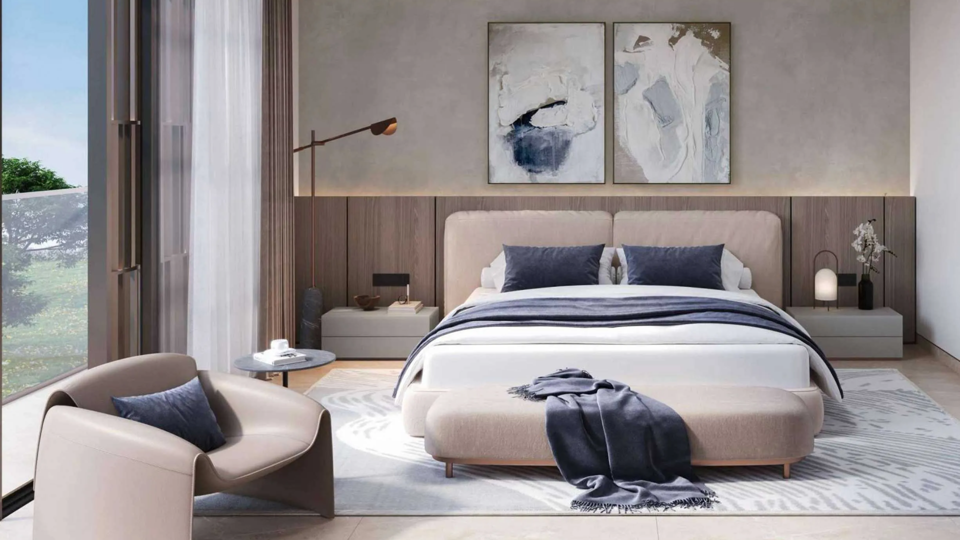 Modern bedroom at Ashwood Estates with a neutral-toned bed, abstract artwork, and floor-to-ceiling windows.