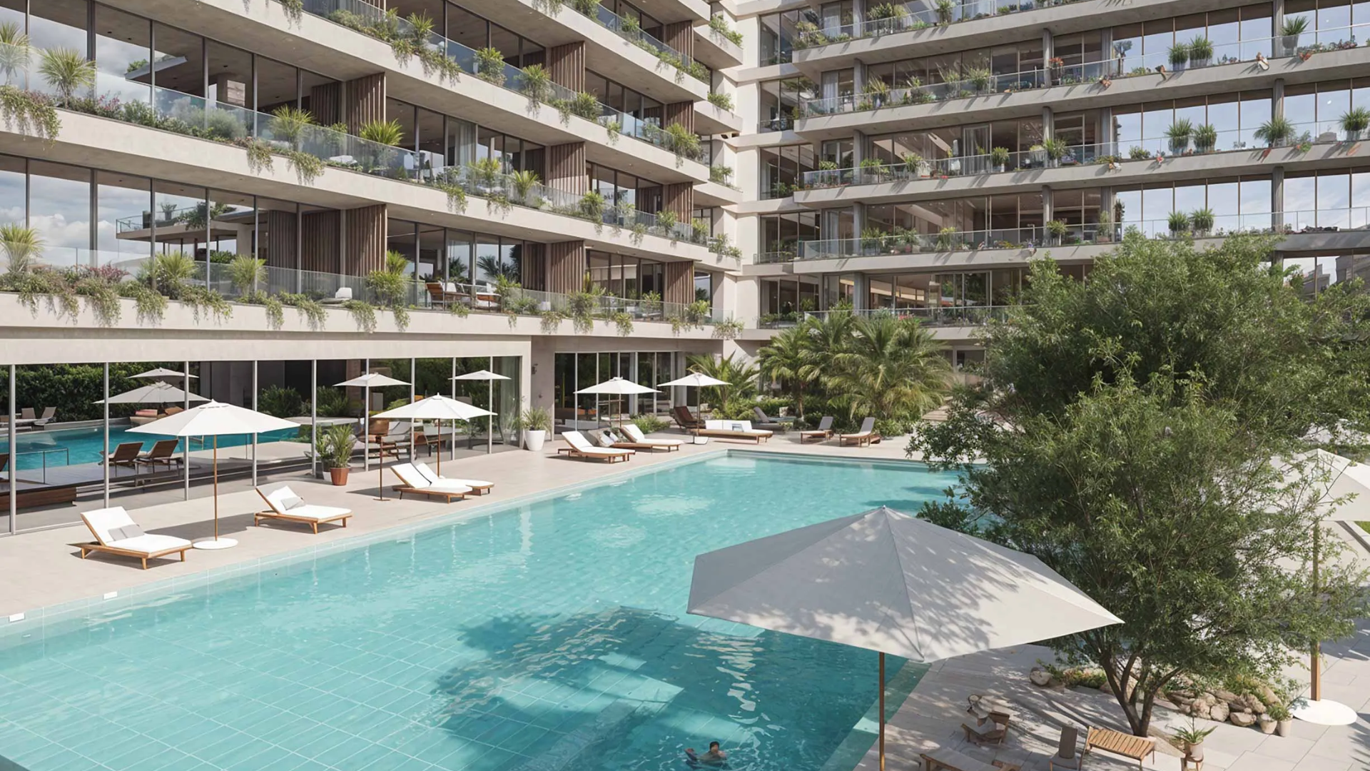 The central swimming pool and sun deck amenity area at California Residences.