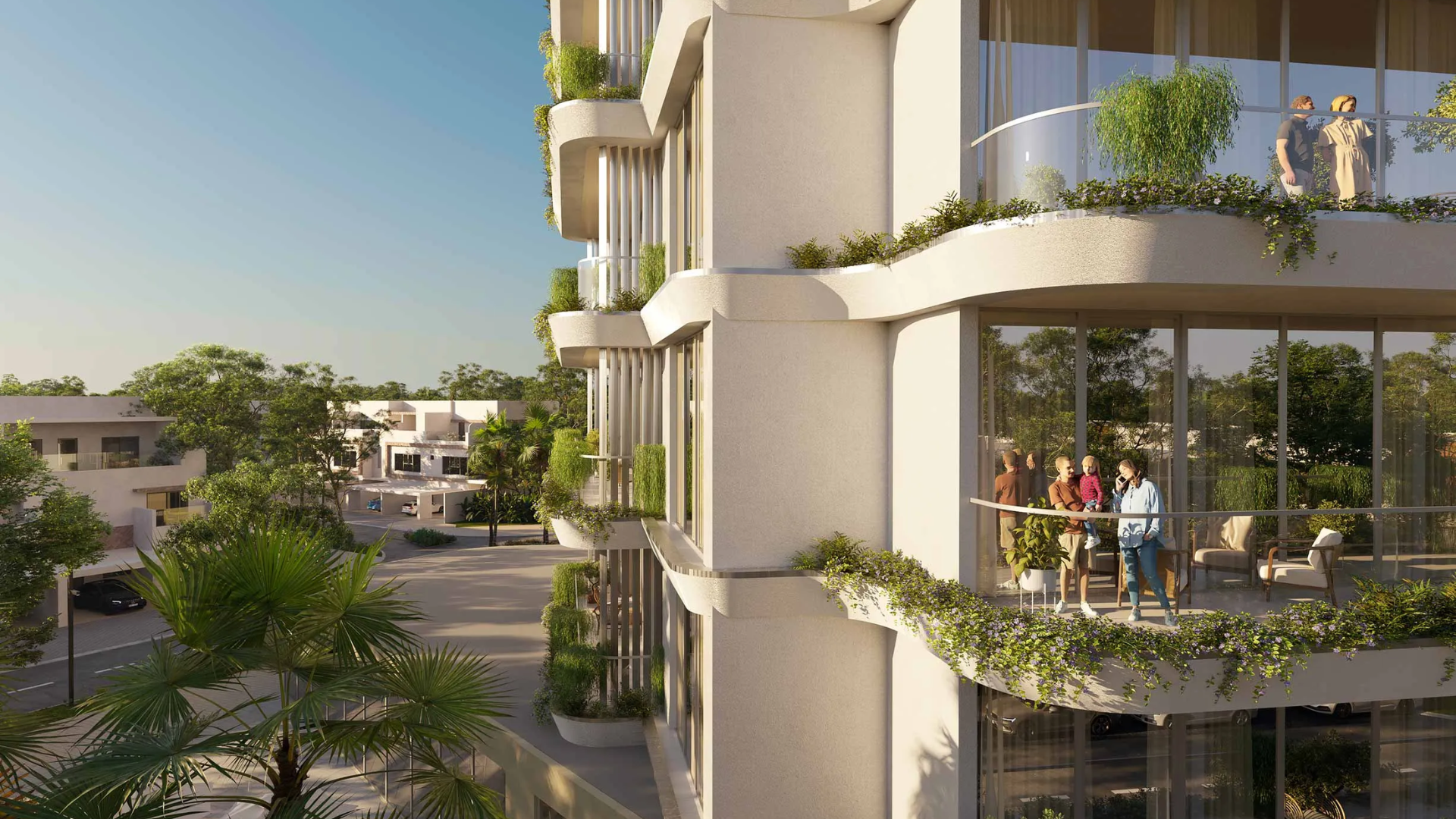 Contemporary apartment facade with residents enjoying spacious, curved balconies with lush plants.