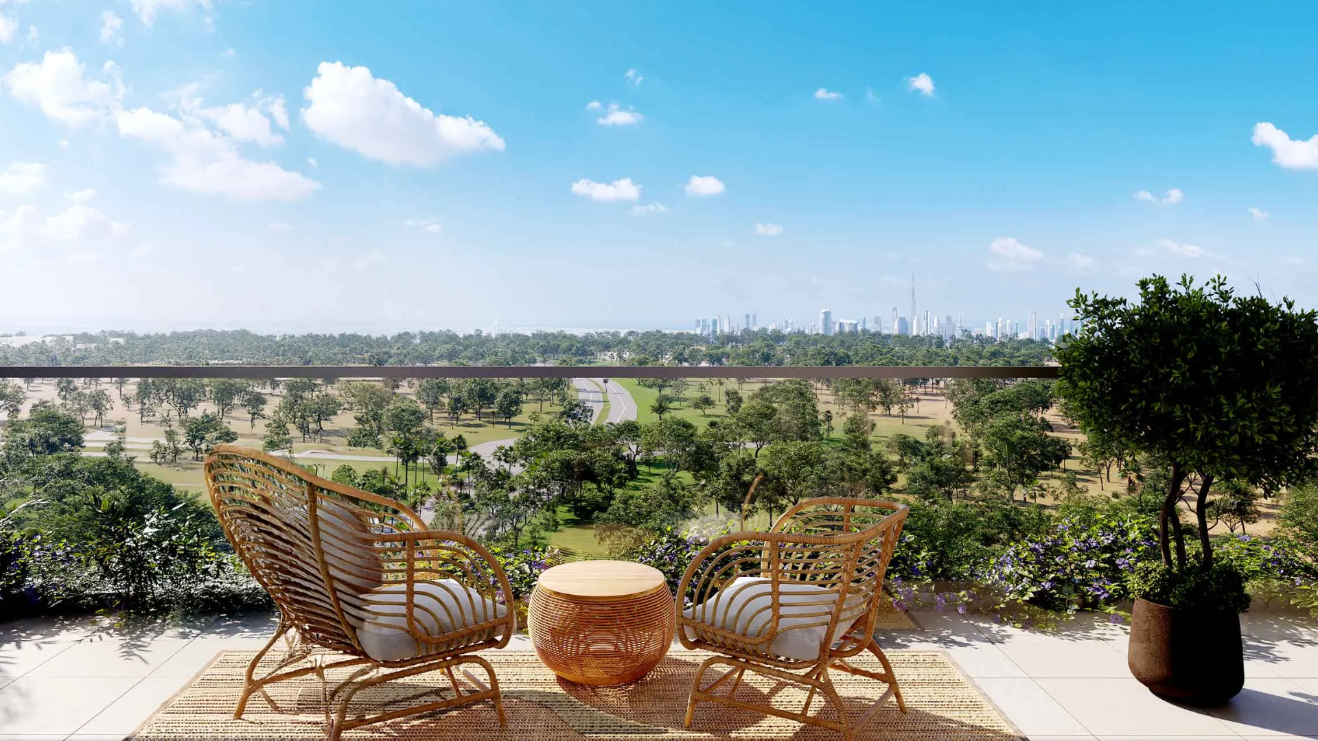 Balcony view overlooking parkland and a road, with high-rise buildings on the horizon.