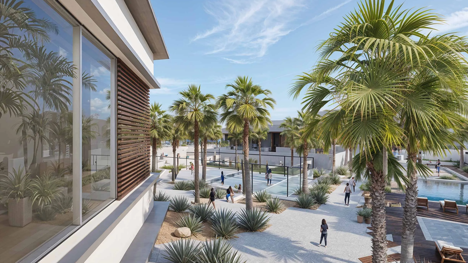 Residential community amenities featuring sports courts, a swimming pool, and sun loungers.