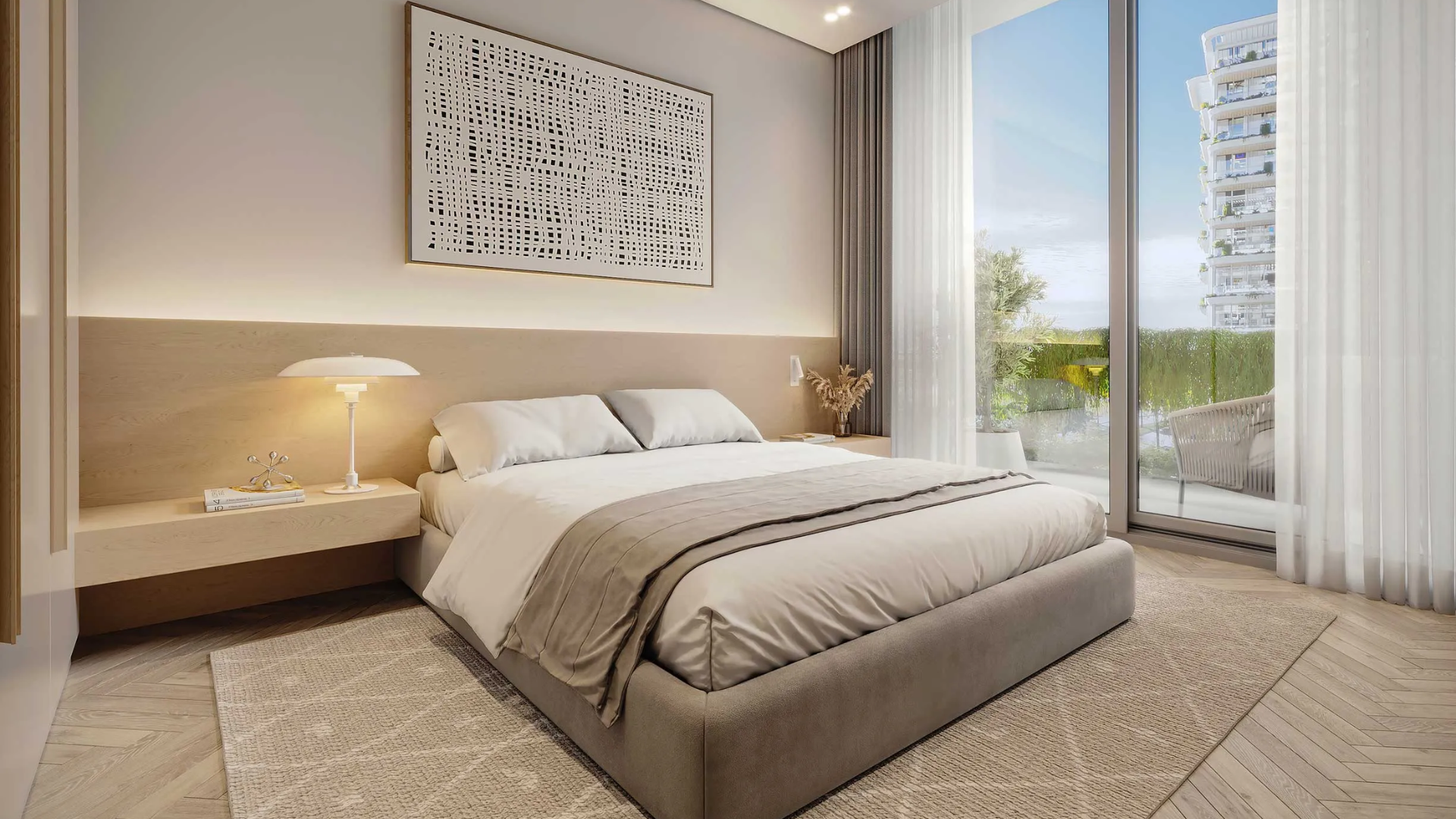Contemporary master bedroom featuring an abstract art piece, wood flooring, and light-toned walls.