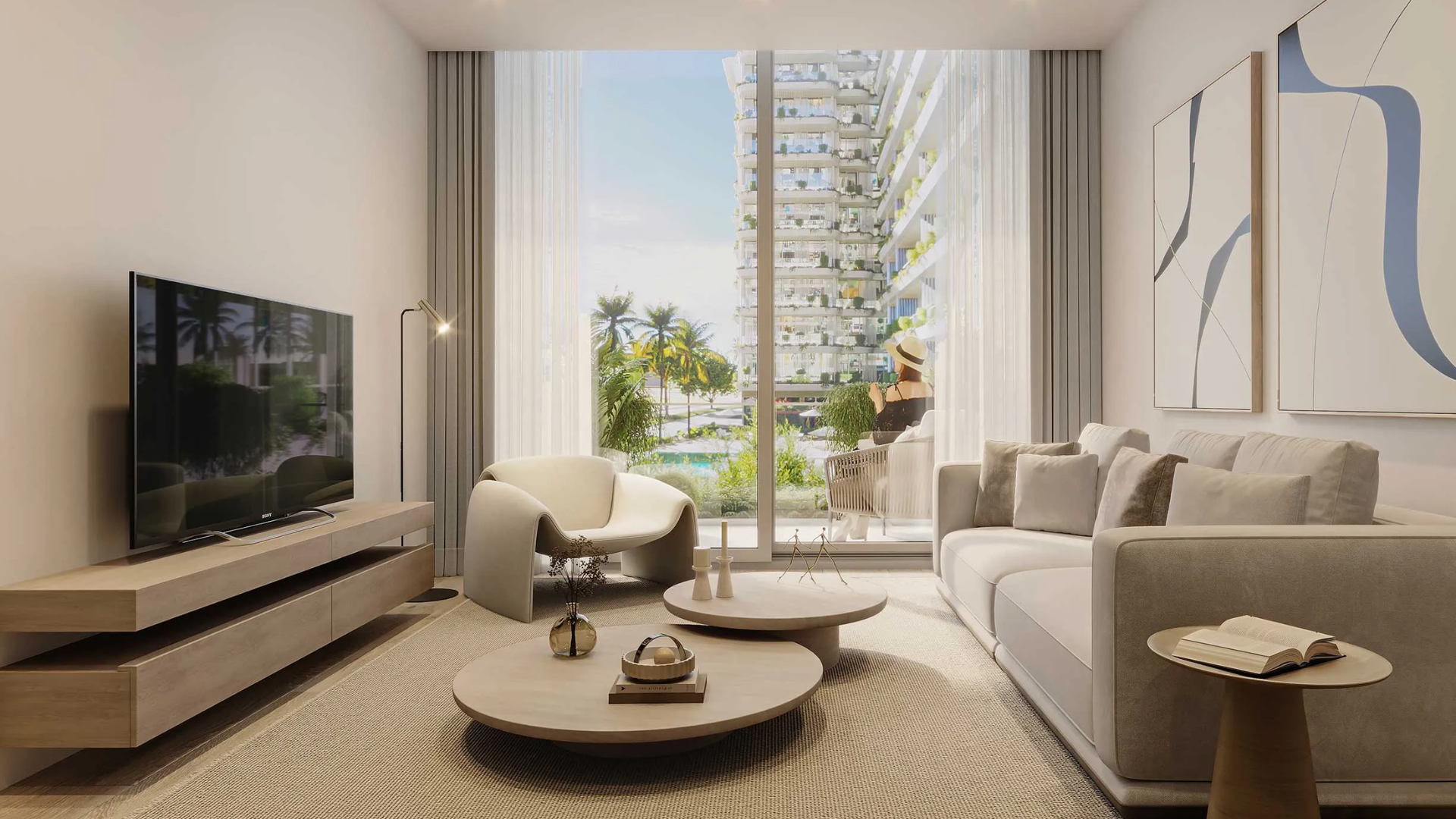 Modern apartment living room with a neutral sofa, TV, and large window overlooking a communal pool and building.