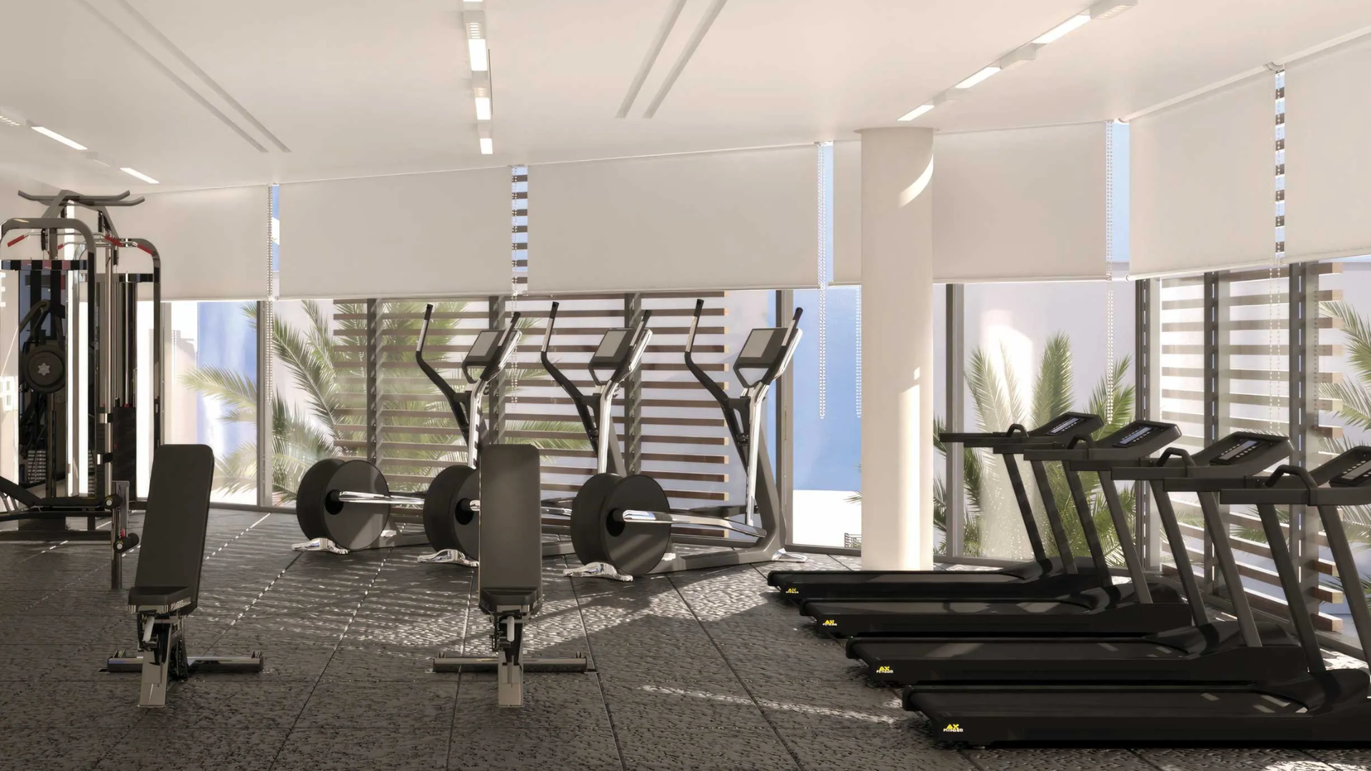 Modern gymnasium with rows of treadmills, elliptical machines, and free weights against large windows.
