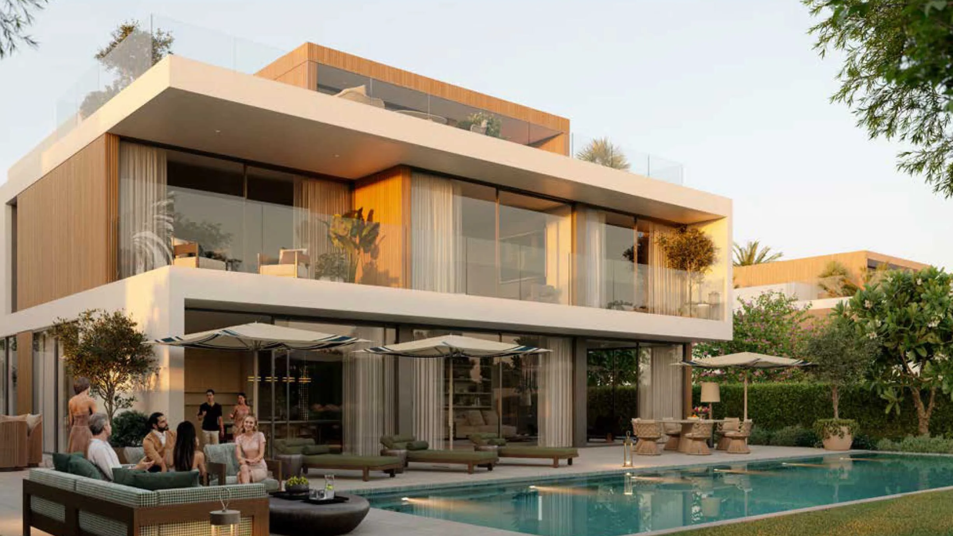 Modern villa exterior at Chevalia Estate 2 with a private pool and outdoor lounge area.