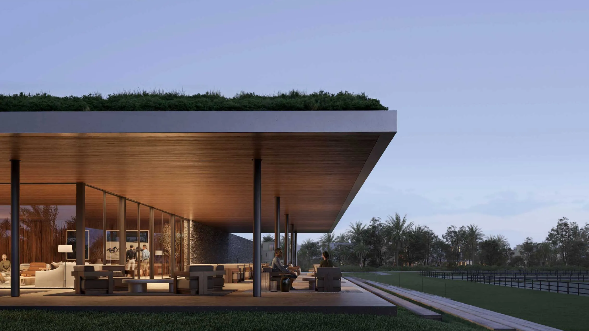 The elegant facade of a residential home, featuring clean lines, a sports car, and a well-maintained front yard.