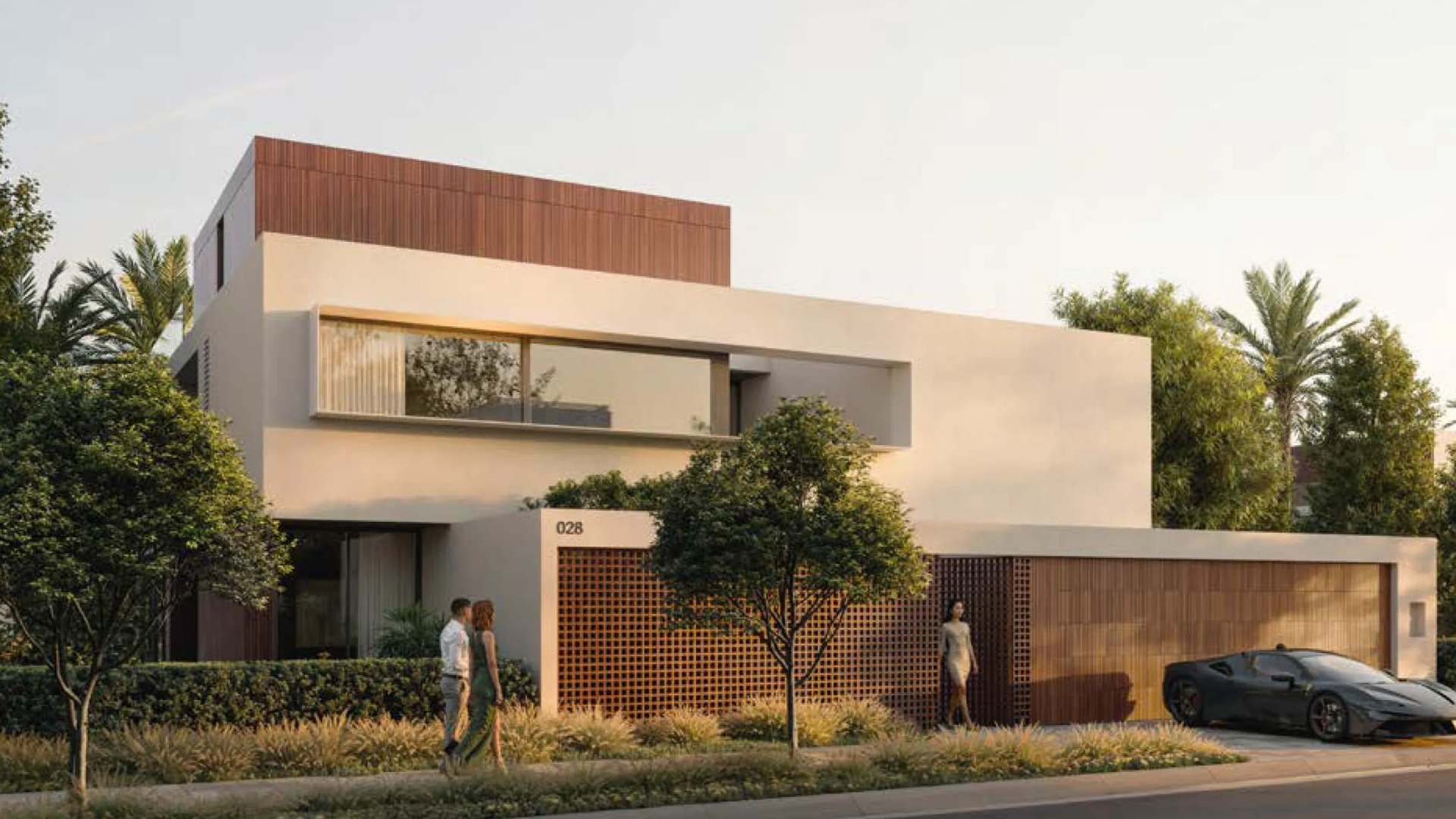 The contemporary facade of a home in the Grand Polo Club & Resort community, featuring elegant landscaping.