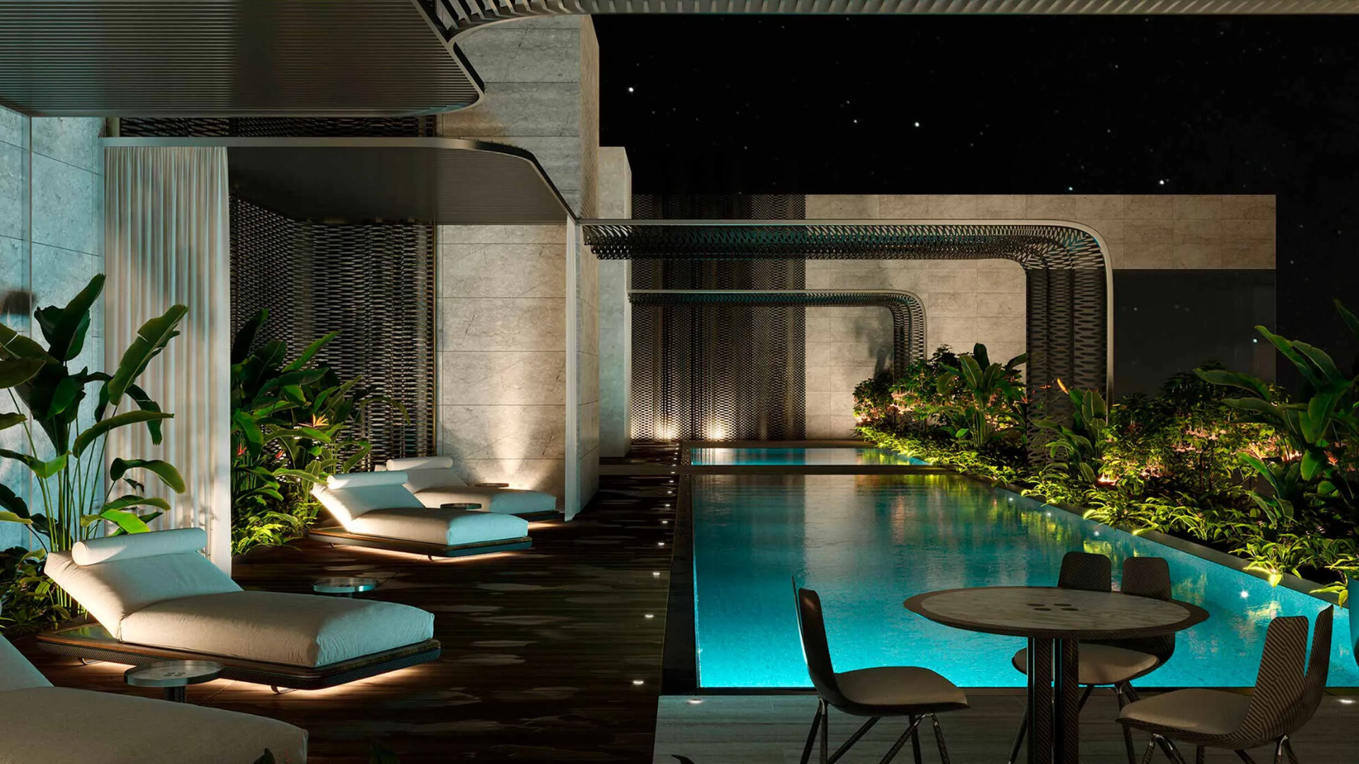 A serene rooftop pool with glowing blue water, surrounded by tropical plants and modern lounge chairs.