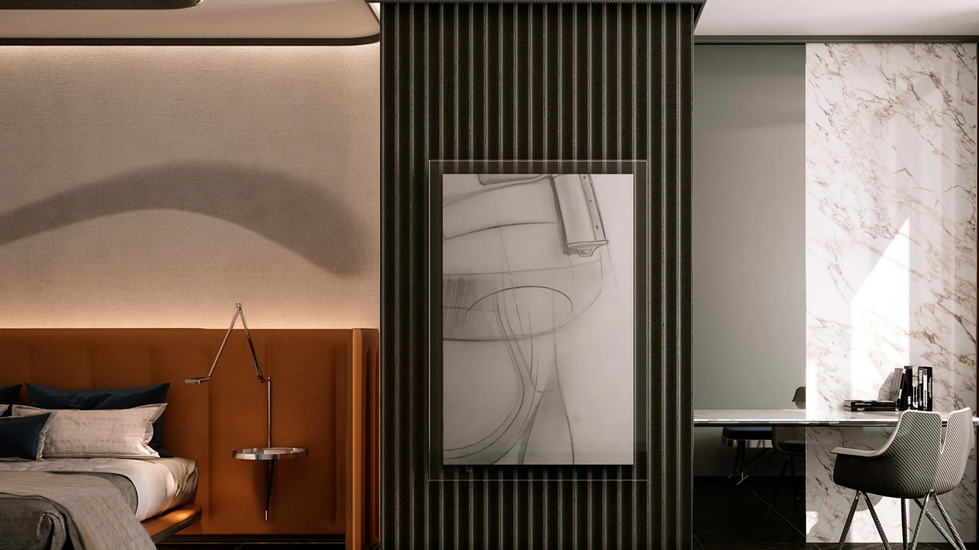 Modern bedroom with an orange upholstered headboard and a dedicated workspace with a marble desk.