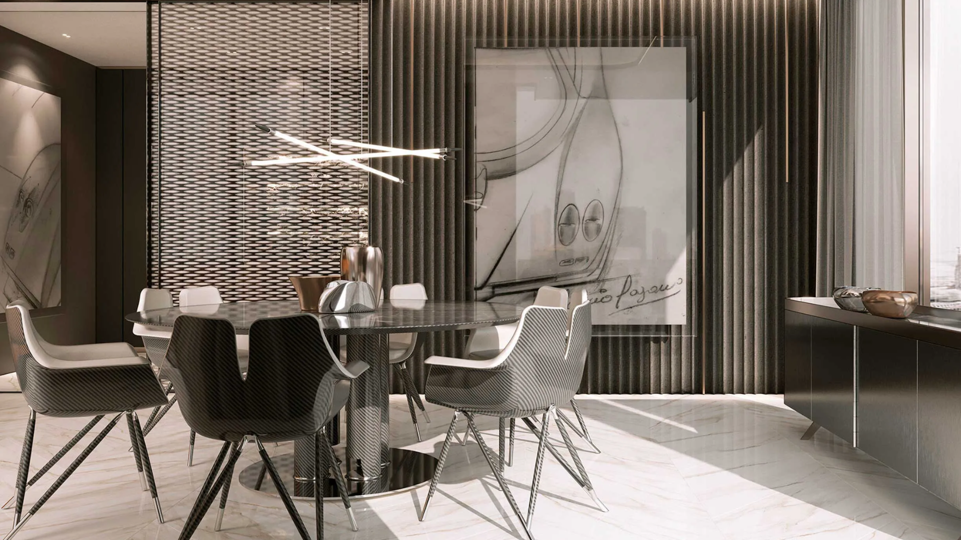 A luxury dining room featuring a round black table, carbon fiber chairs, and a large abstract artwork.