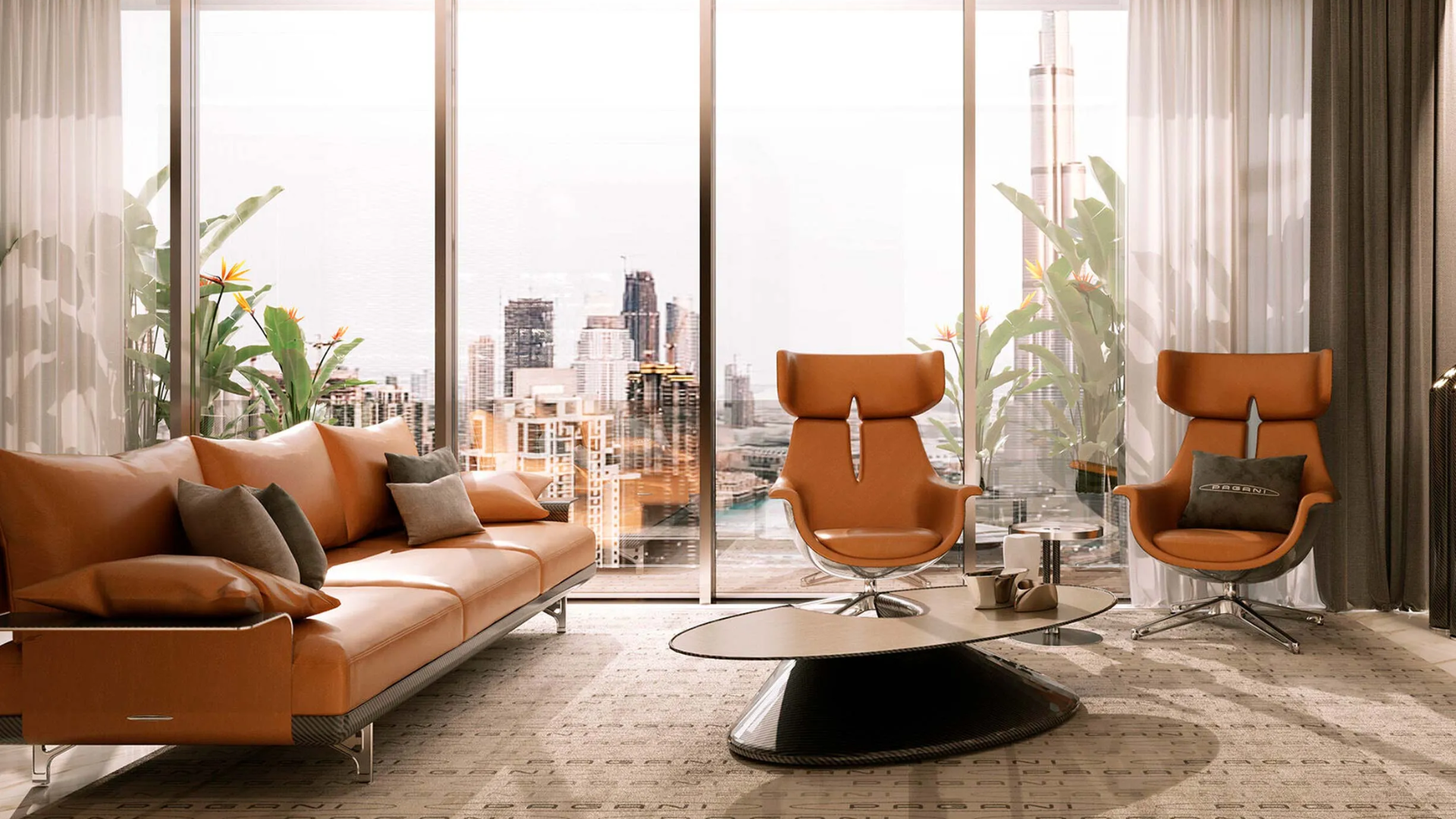 Modern living room with leather furniture, a unique coffee table, and a panoramic window overlooking a city skyline.