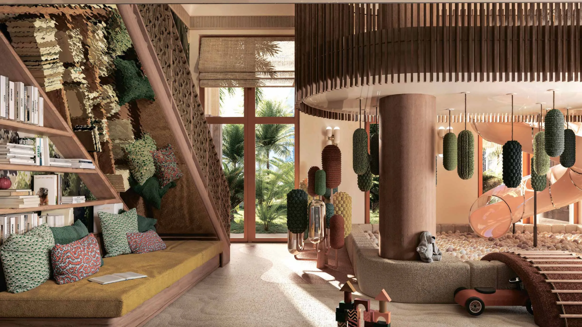 Creative children’s play area with a slide, reading nook, and unique design elements.