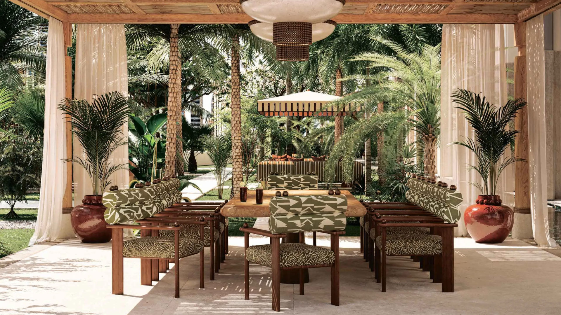 Resort-style outdoor dining area with a wooden pergola and lush tropical greenery.