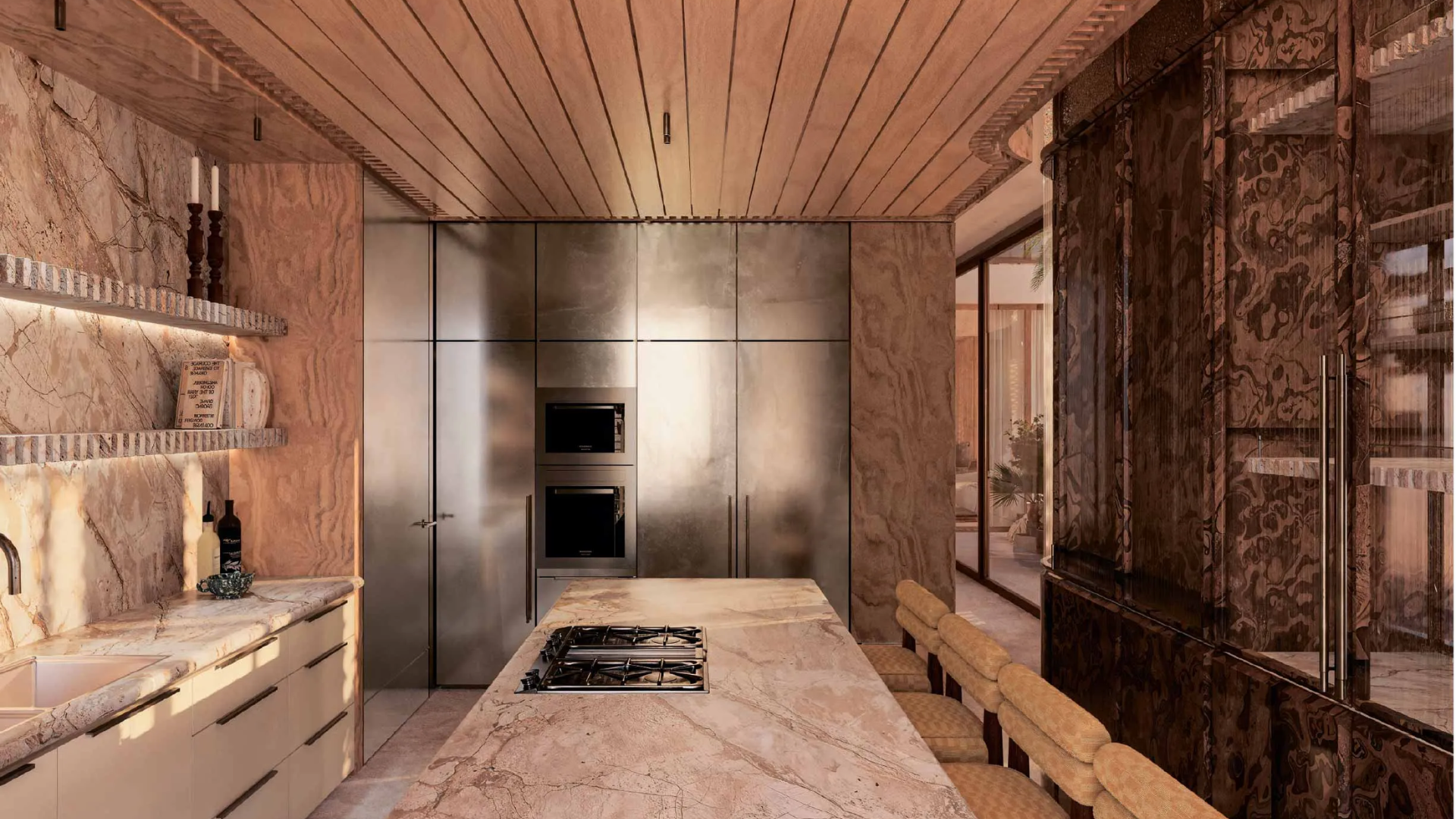 Luxury kitchen interior with marble countertops, a central island, and sleek, modern appliances.