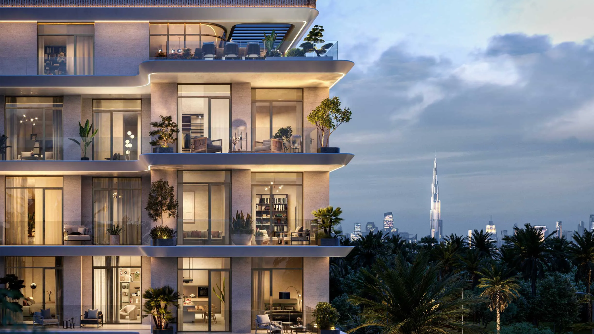 A modern residential building with tiered balconies and lush greenery, overlooking a city skyline at dusk.