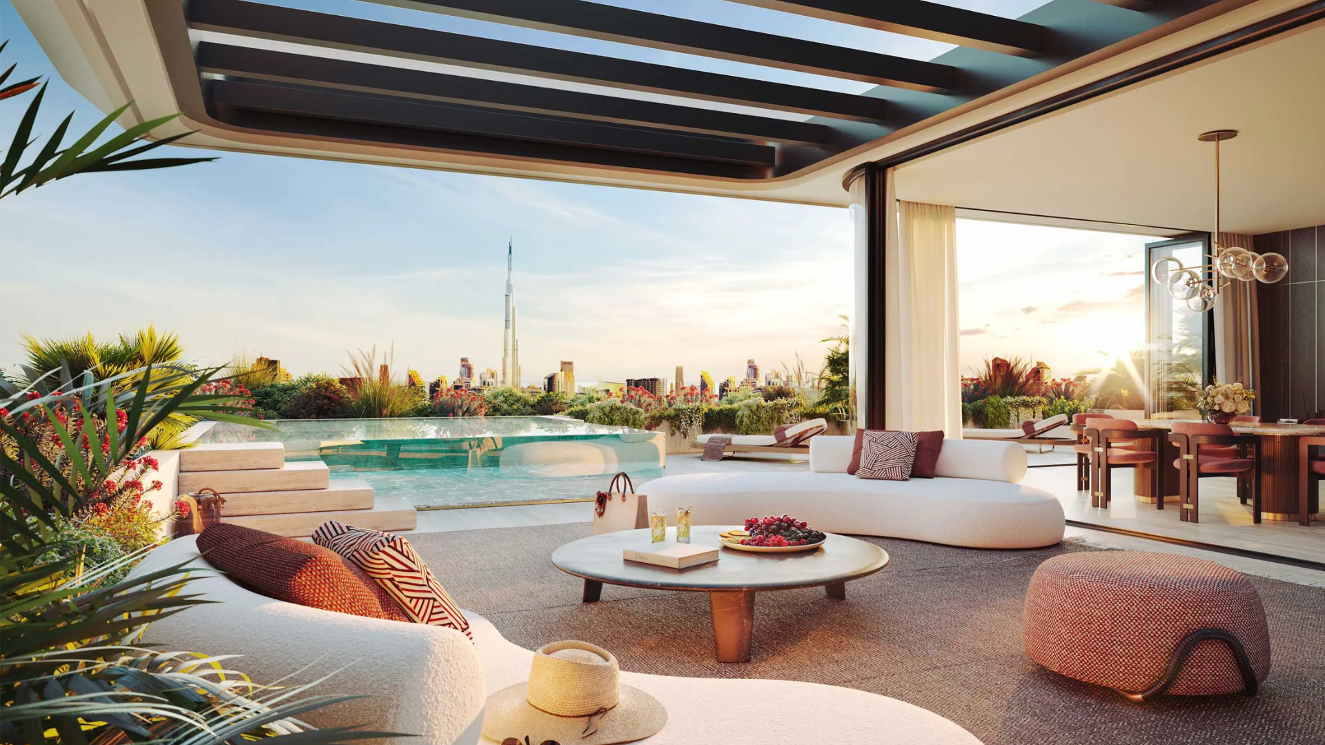 The facade of Émerge Residences in Meydan City, highlighting spacious balconies and the Dubai skyline, including the Burj Khalifa, in the background.