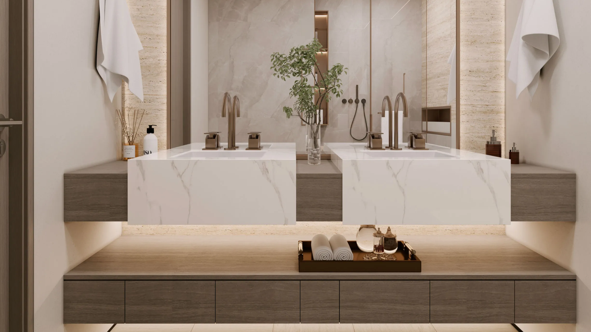 Contemporary bathroom interior with soft under-cabinet lighting and a large walk-in shower area.