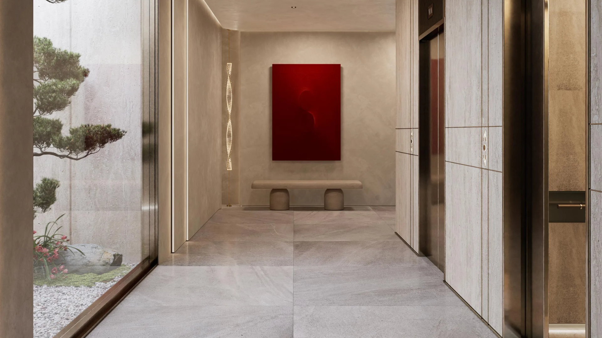 Modern residential lobby hallway with marble flooring, an elevator, and a striking red abstract painting.