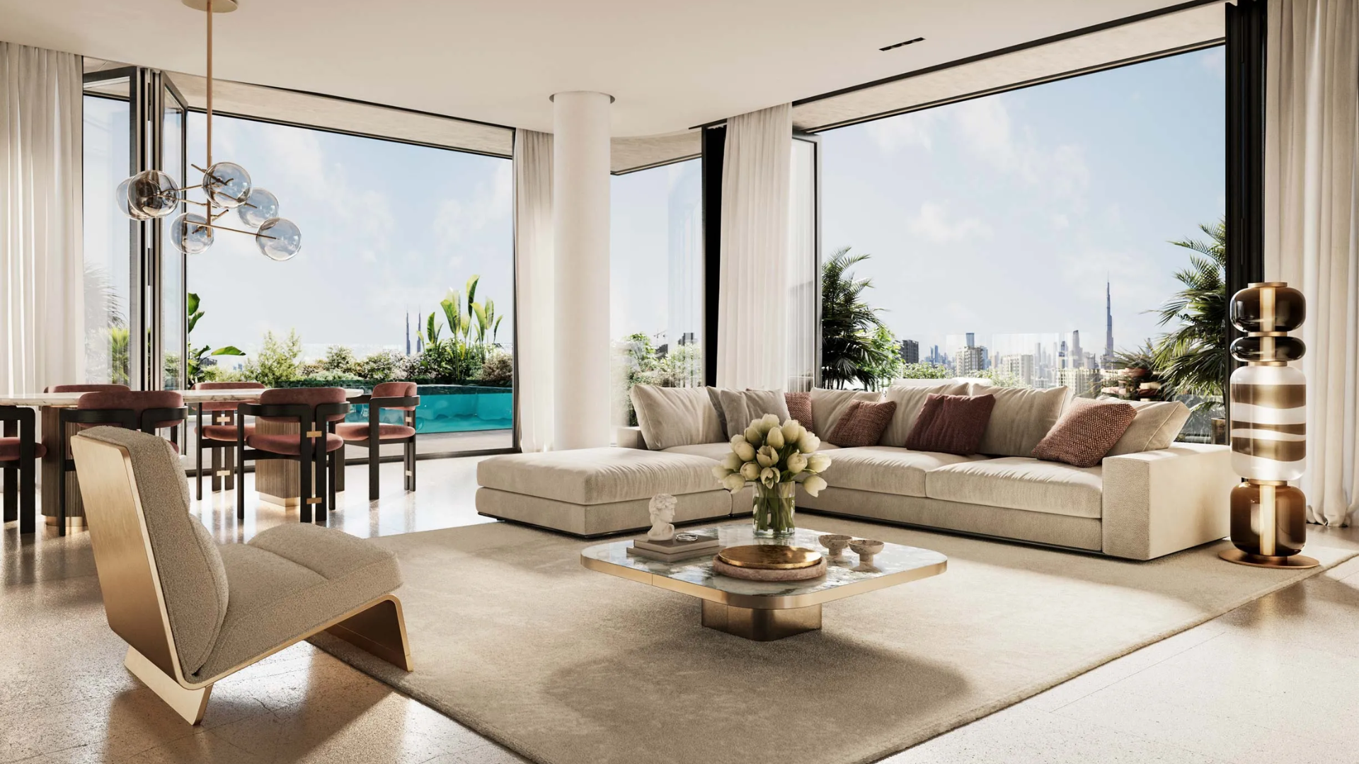 An apartment interior at Émerge Residences, featuring a spacious sofa, modern design, and floor-to-ceiling windows with city views.