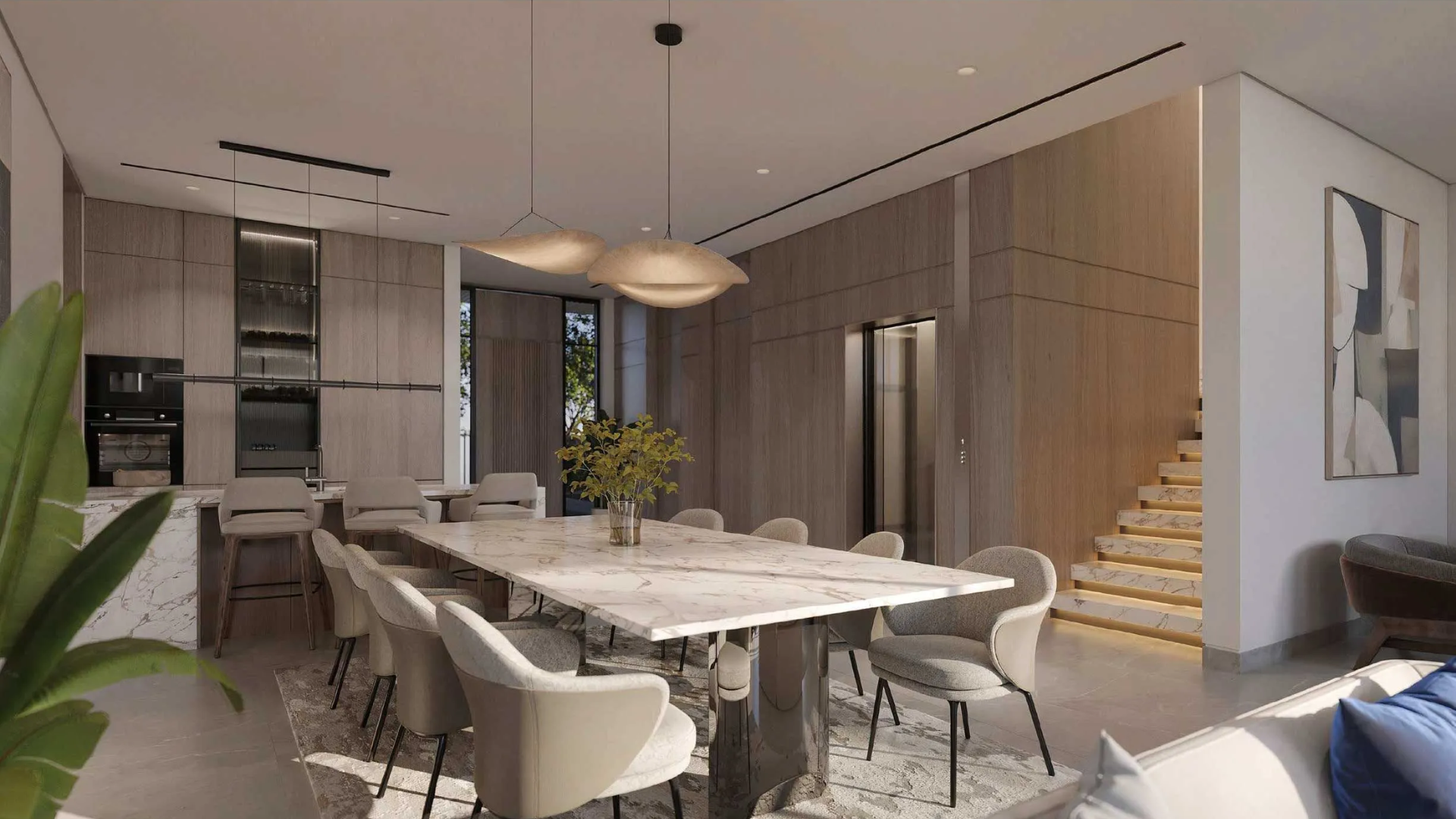 Modern dining area with marble table, velvet chairs, chandelier, and wood-paneled walls by the kitchen bar.