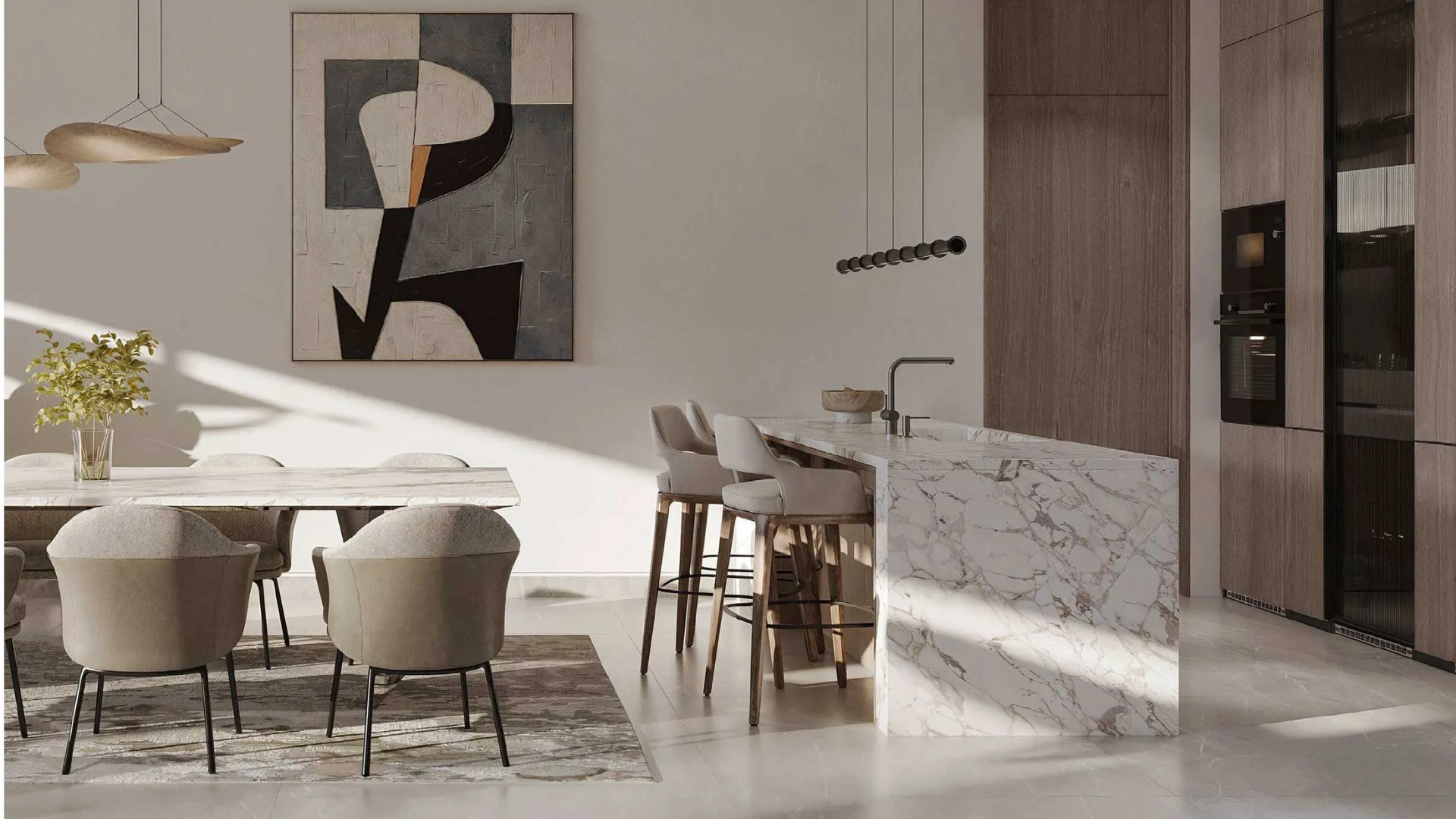 Gourmet kitchen and dining area with marble island and abstract art at Pinewood Estate Homes.